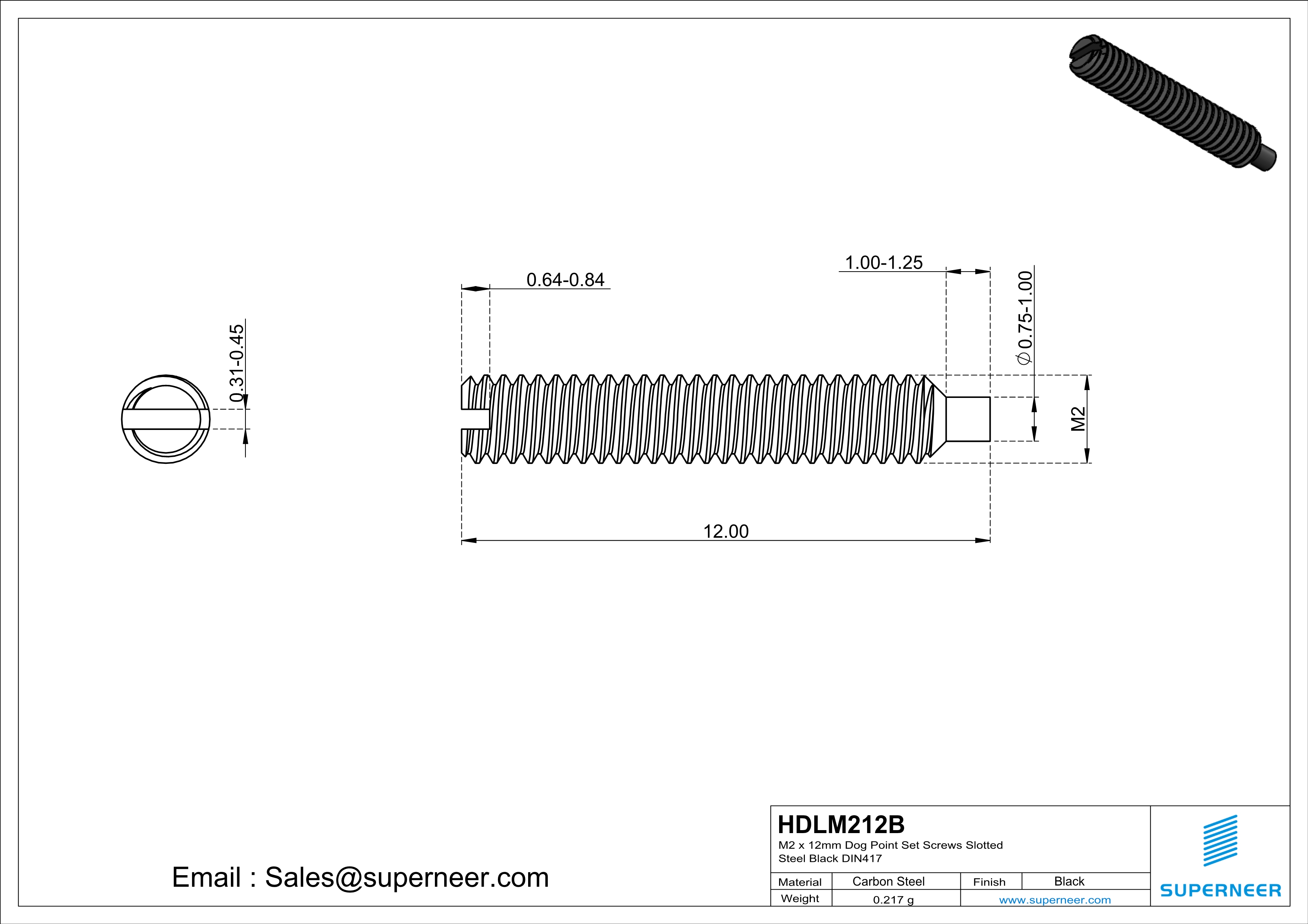 M2 x 12mm Dog Point Set Screws Slotted Steel Black DIN417