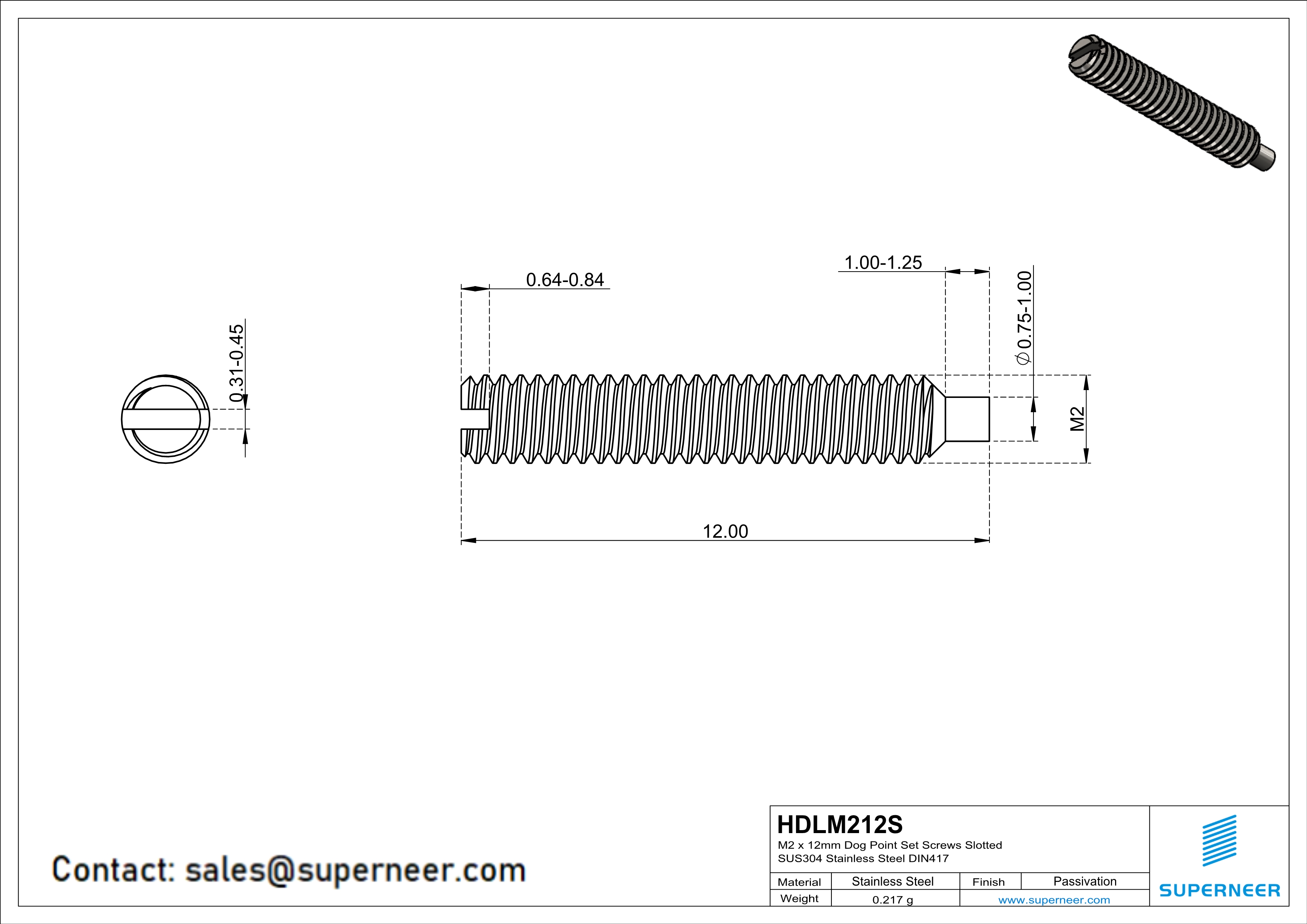 M2 x 12mm Dog Point Set Screws Slotted SUS304 Stainless Steel Inox DIN417