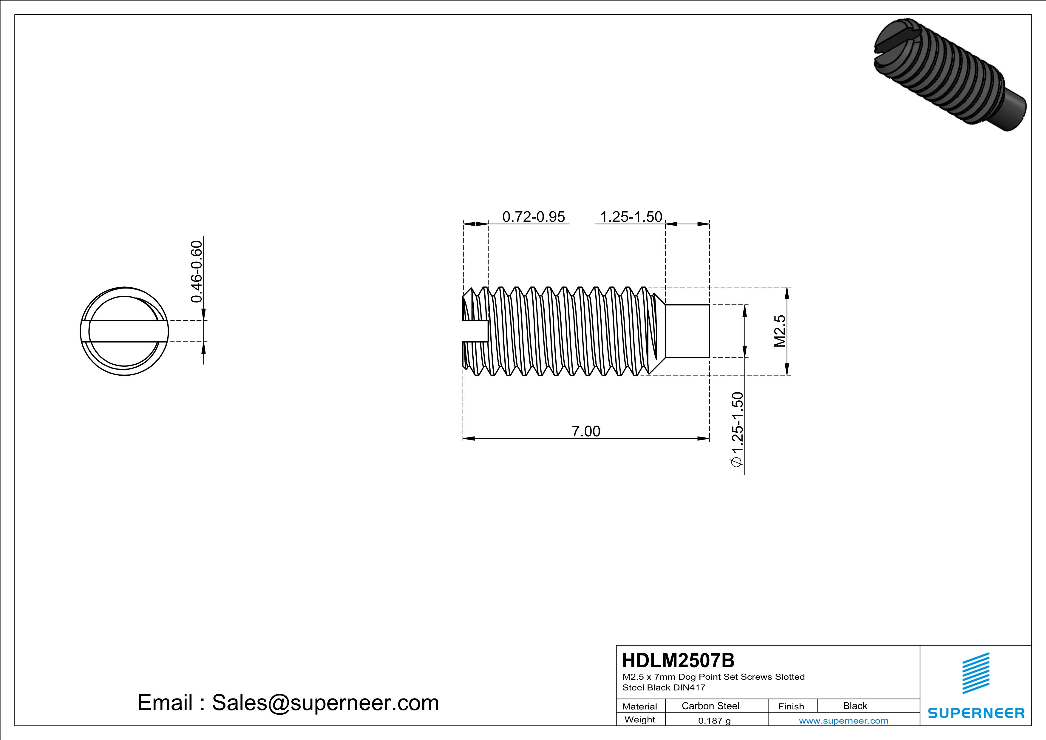 M2.5 x 7mm Dog Point Set Screws Slotted Steel Black DIN417