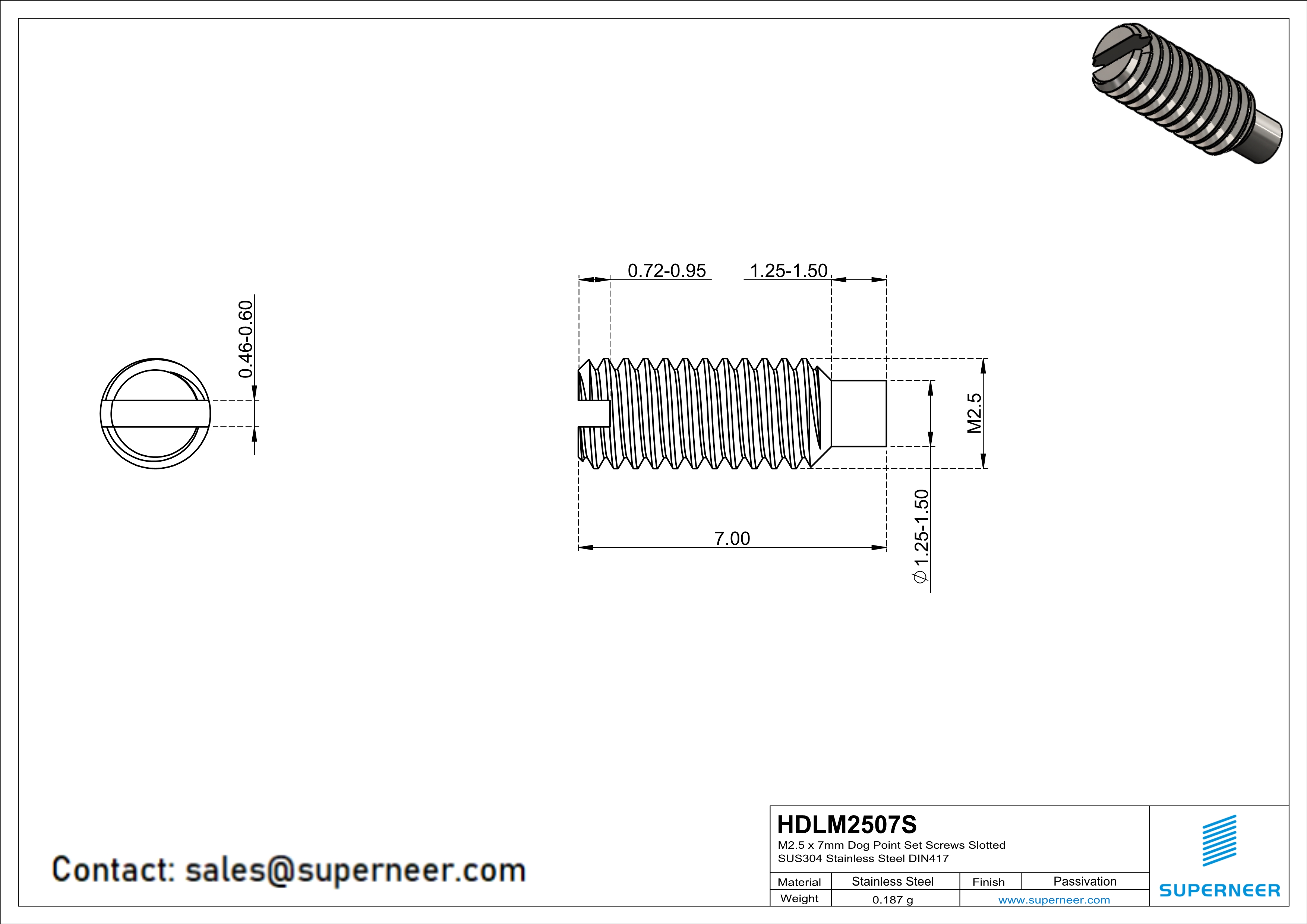 M2.5 x 7mm Dog Point Set Screws Slotted SUS304 Stainless Steel Inox DIN417