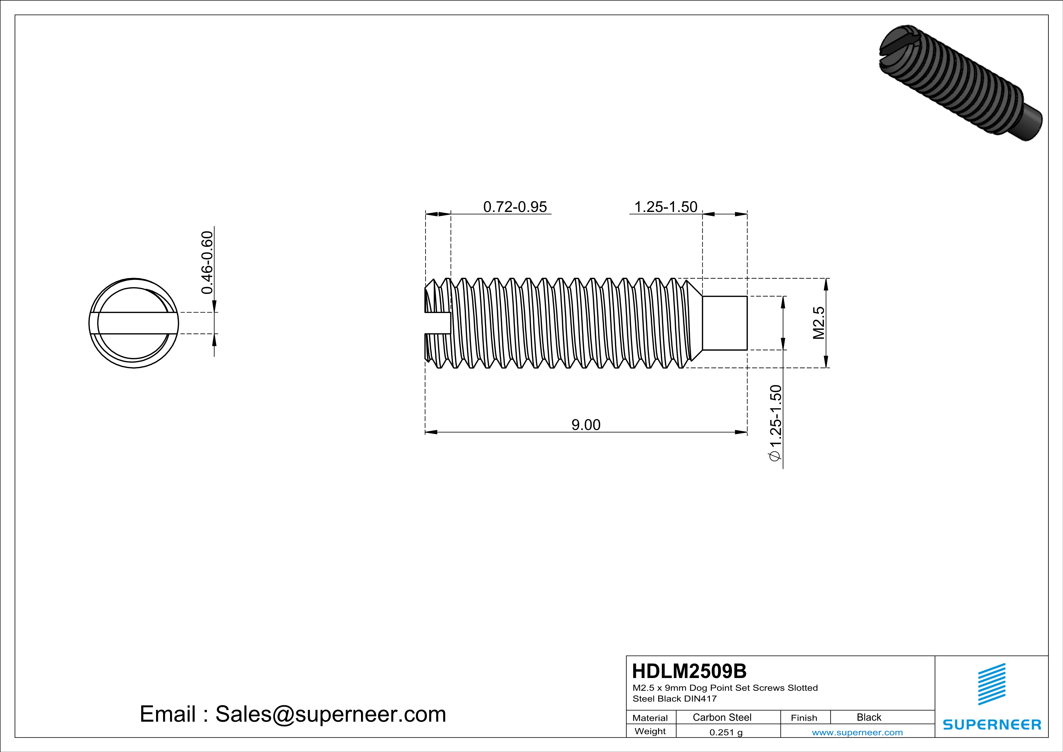 M2.5 x 9mm Dog Point Set Screws Slotted Steel Black DIN417