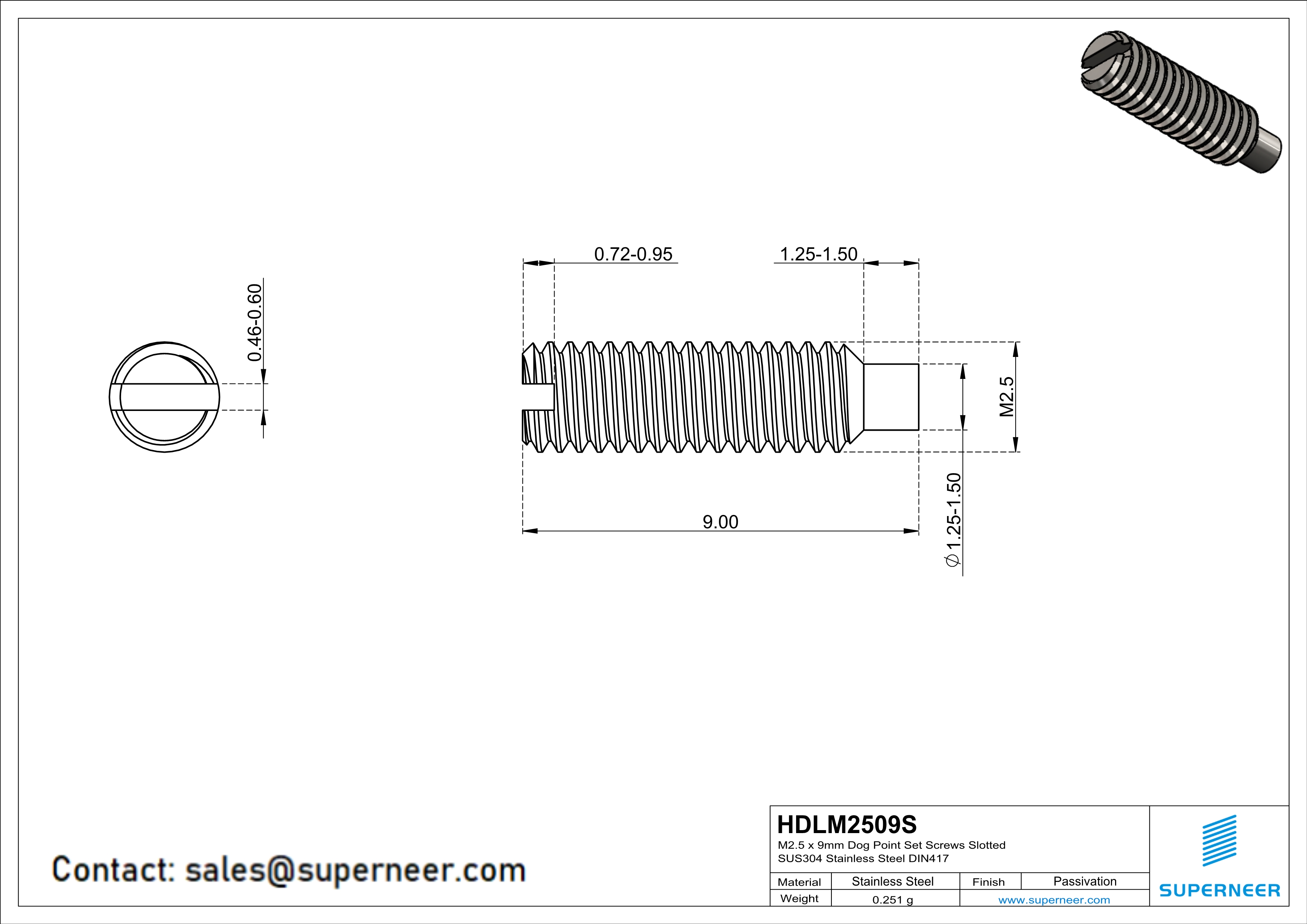 M2.5 x 9mm Dog Point Set Screws Slotted SUS304 Stainless Steel Inox DIN417