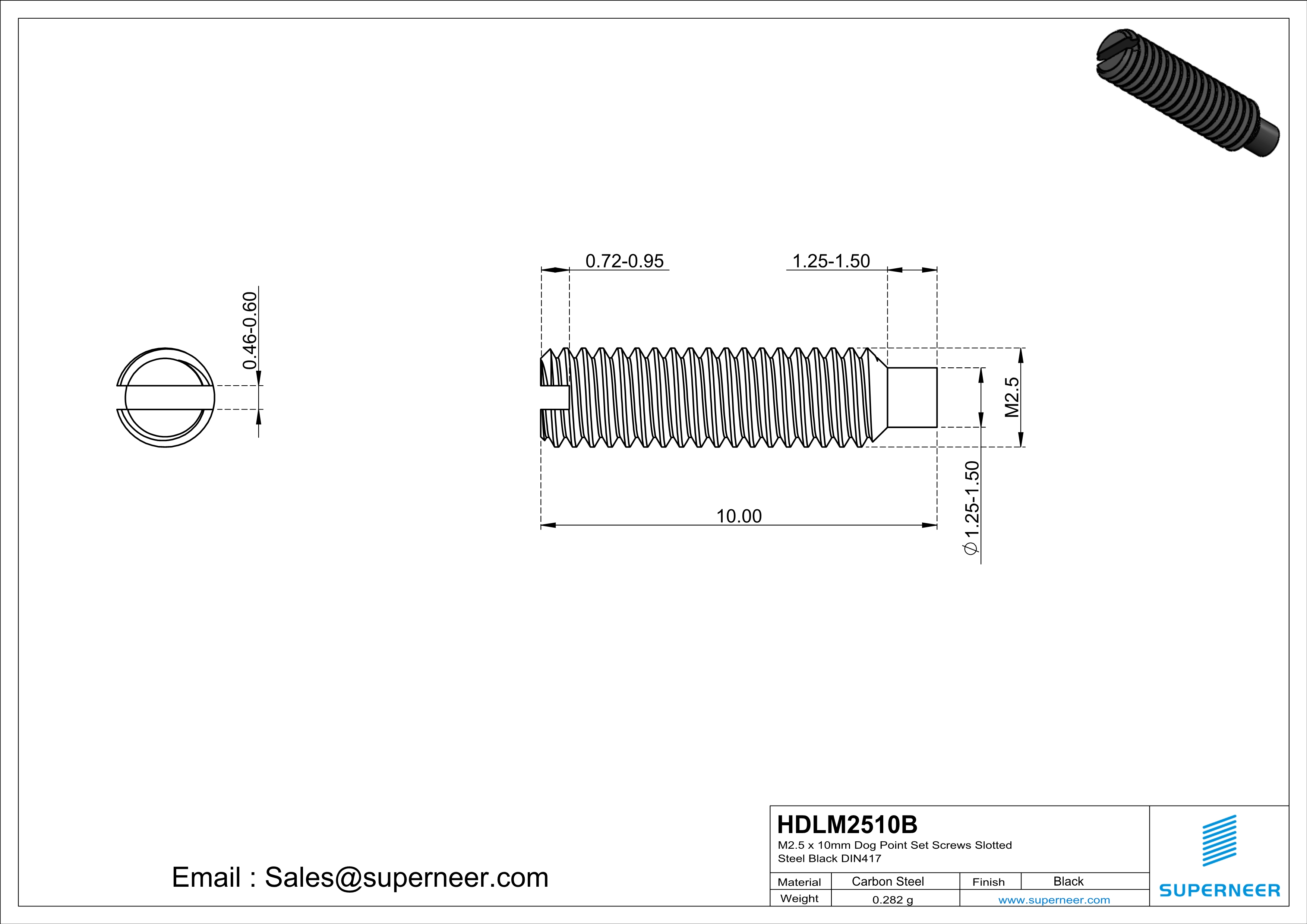 M2.5 x 10mm Dog Point Set Screws Slotted Steel Black DIN417