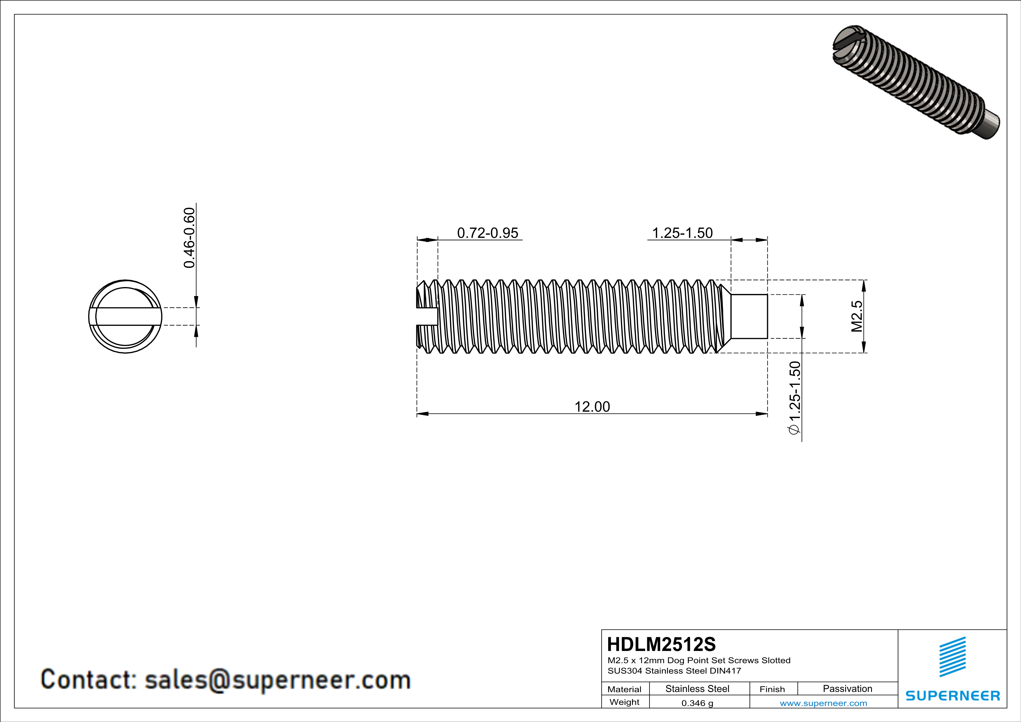 M2.5 x 12mm Dog Point Set Screws Slotted SUS304 Stainless Steel Inox DIN417