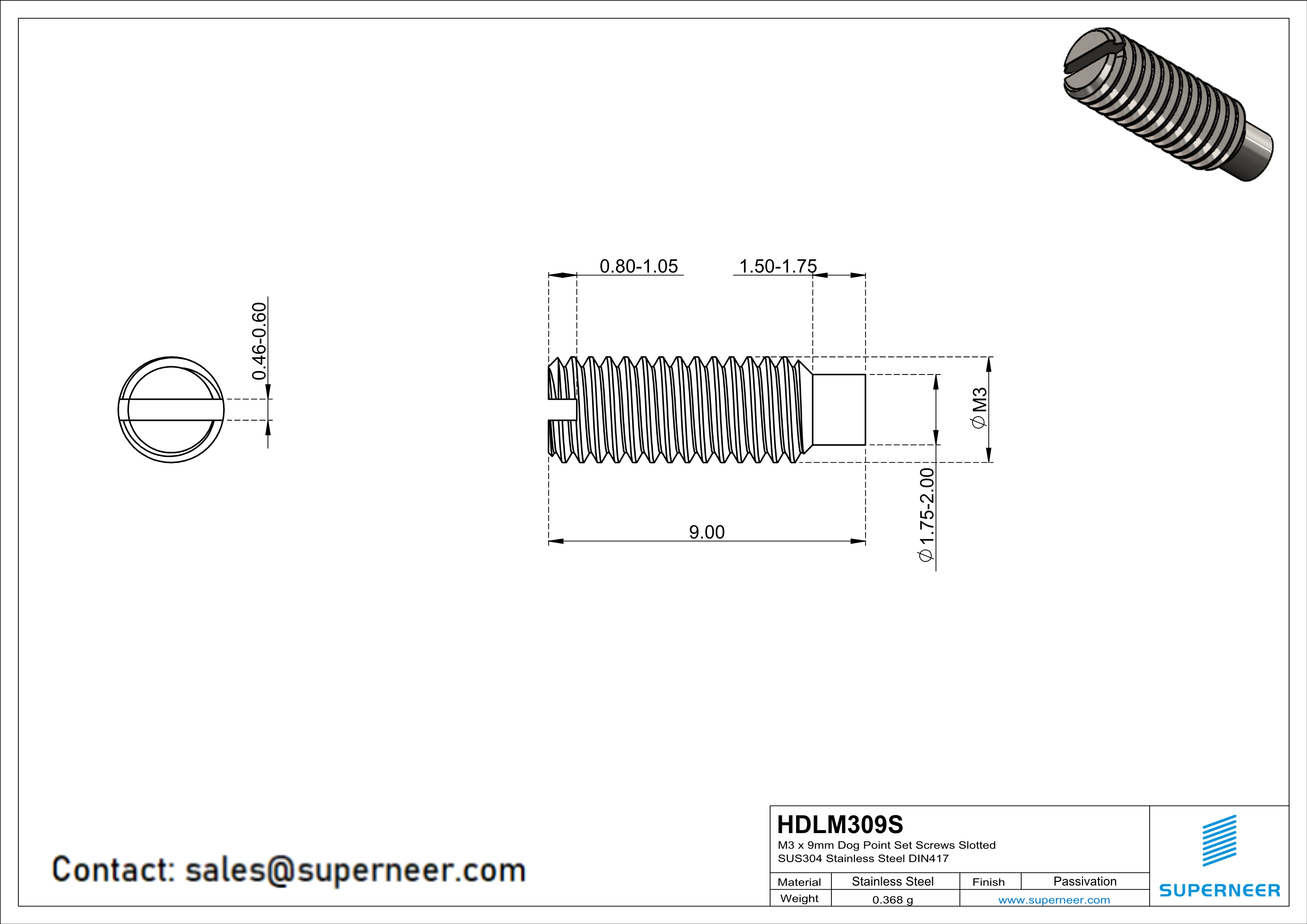 M3 x 9mm Dog Point Set Screws Slotted SUS304 Stainless Steel Inox DIN417