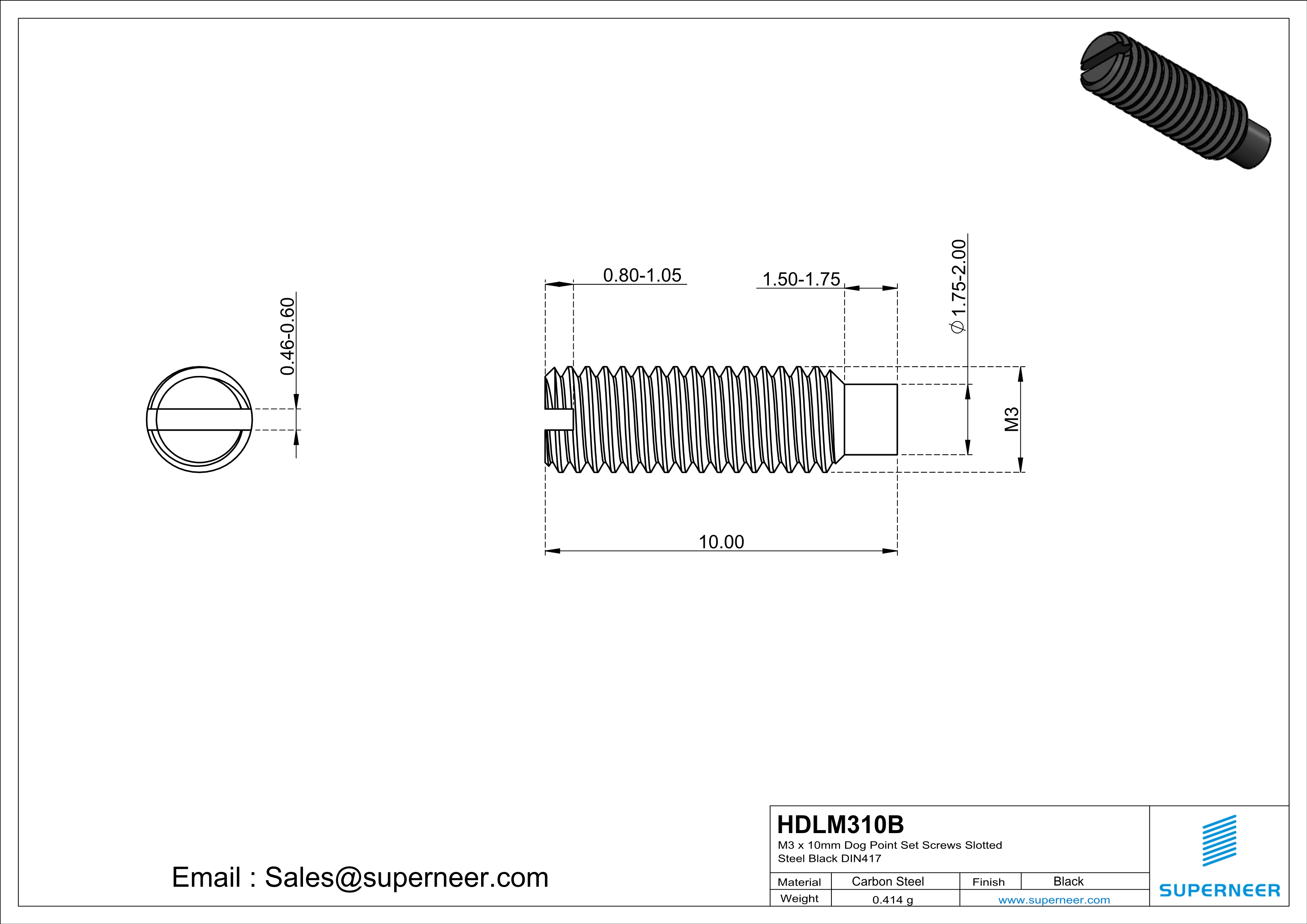 M3 x 10mm Dog Point Set Screws Slotted Steel Black DIN417