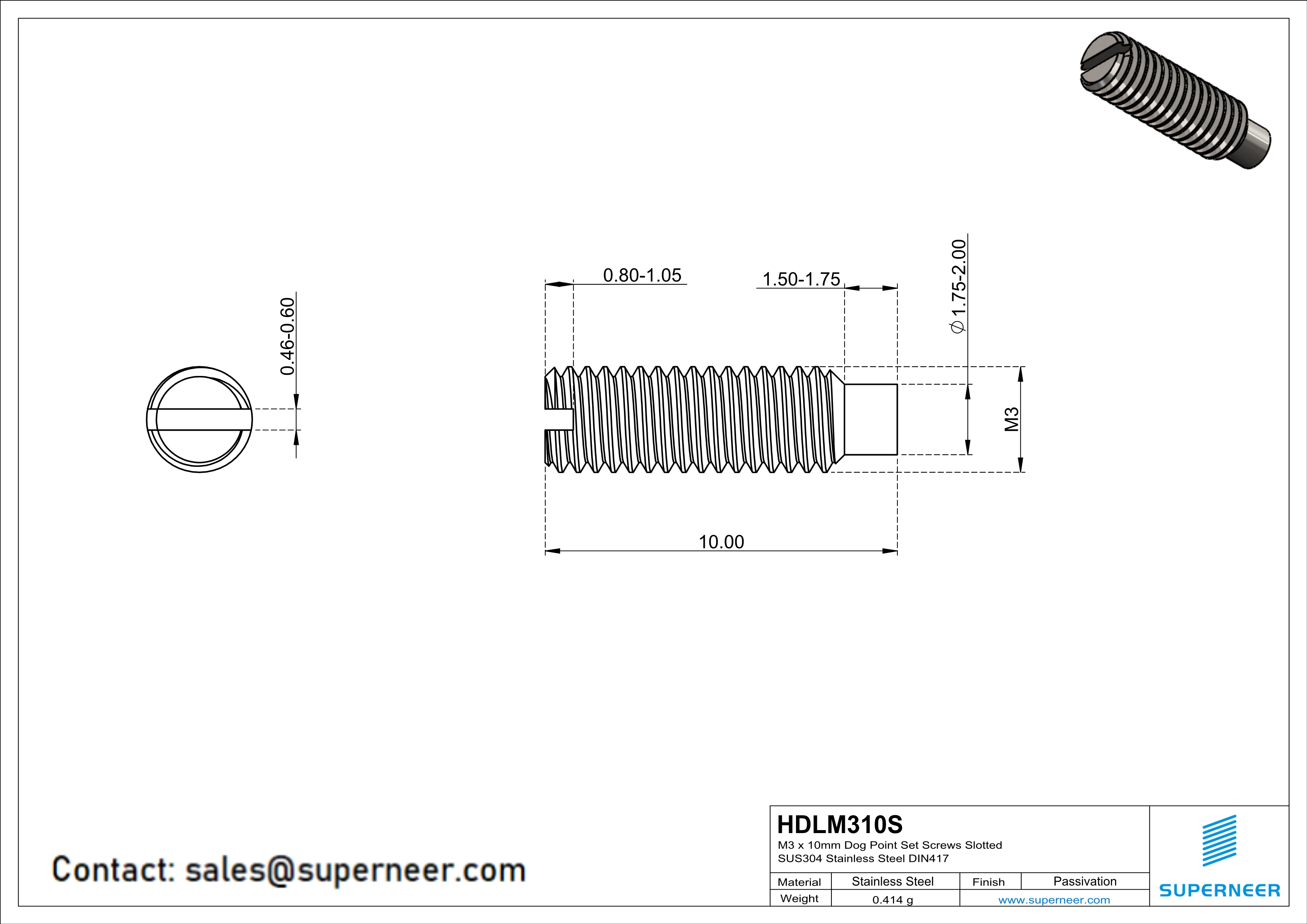 M3 x 10mm Dog Point Set Screws Slotted SUS304 Stainless Steel Inox DIN417