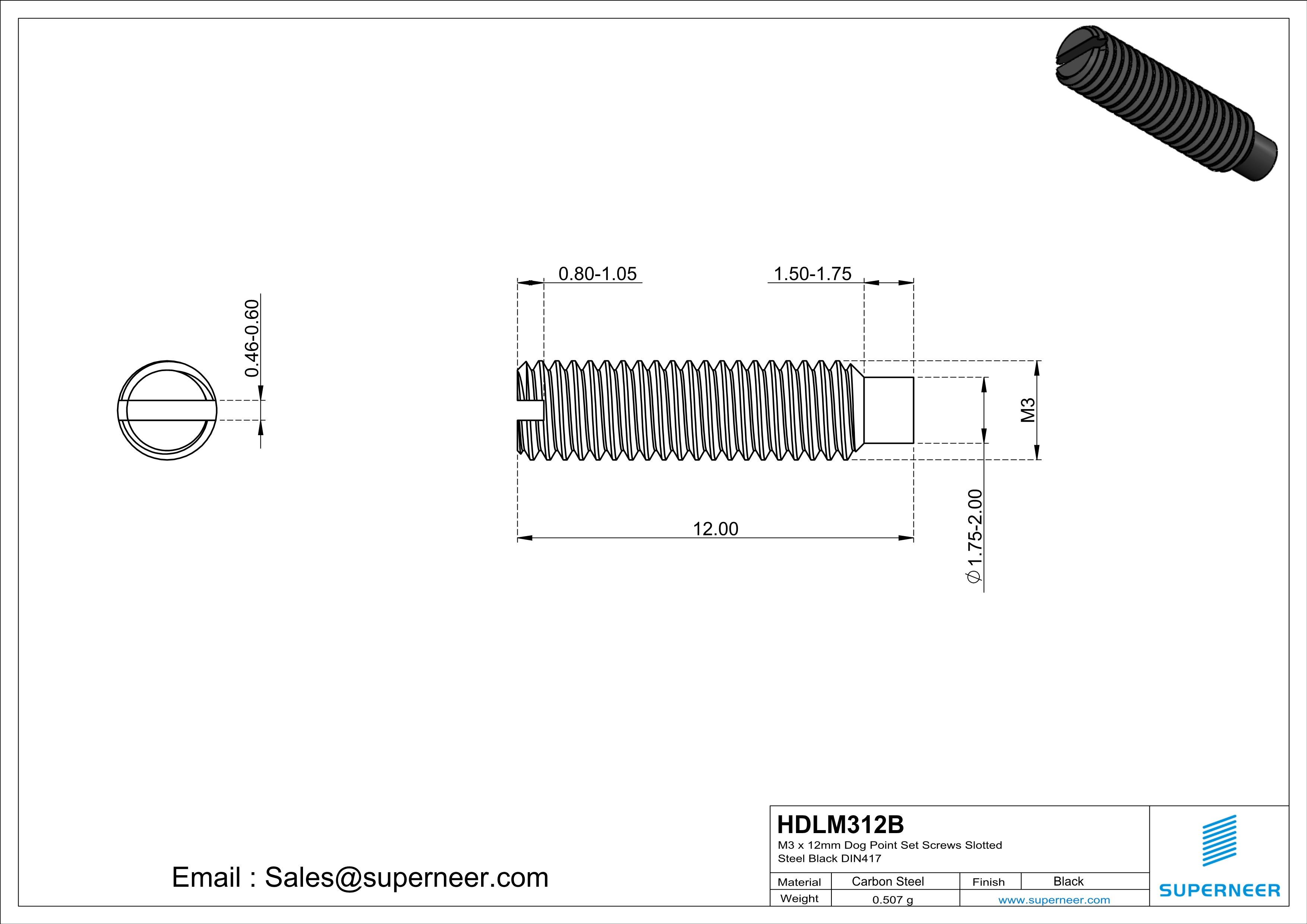 M3 x 12mm Dog Point Set Screws Slotted Steel Black DIN417