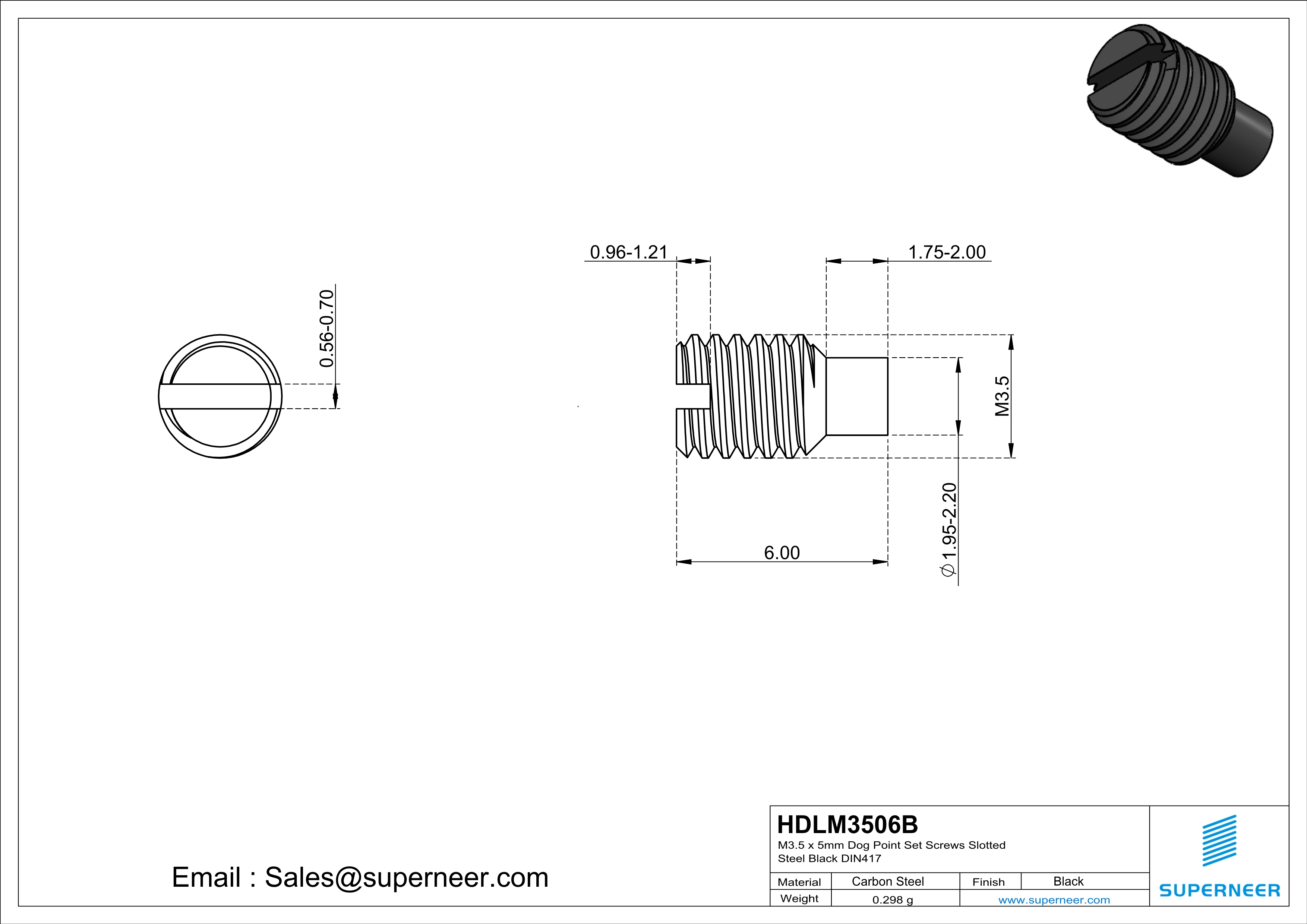 M3.5 x 6mm Dog Point Set Screws Slotted Steel Black DIN417