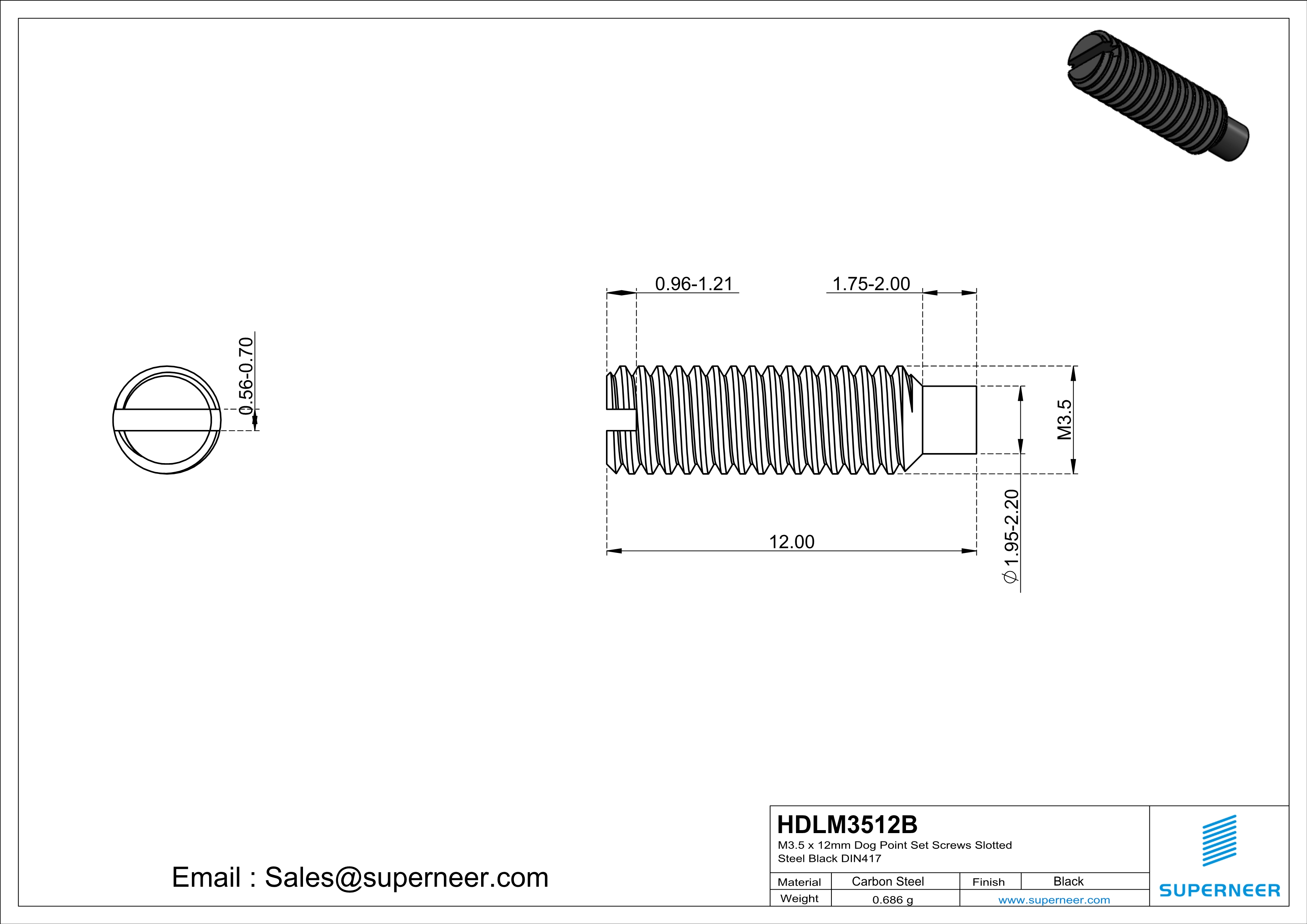 M3.5 x 12mm Dog Point Set Screws Slotted Steel Black DIN417