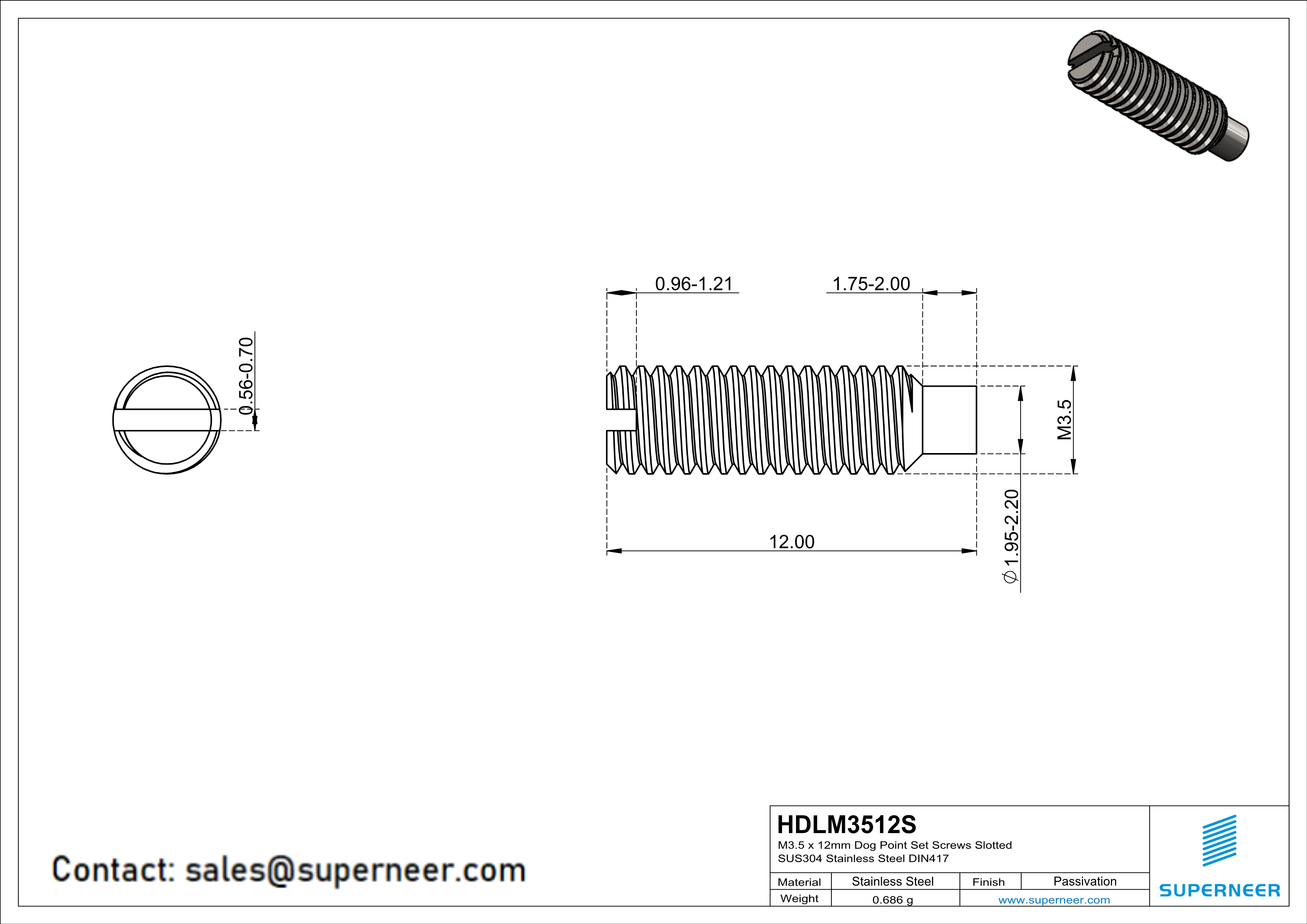 M3.5 x 12mm Dog Point Set Screws Slotted SUS304 Stainless Steel Inox DIN417