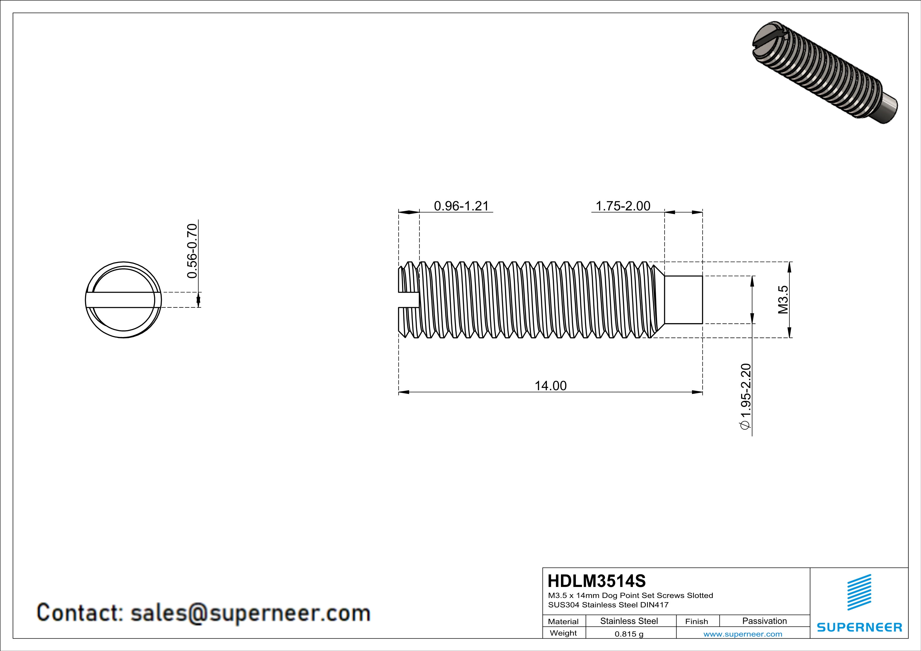 M3.5 x 14mm Dog Point Set Screws Slotted SUS304 Stainless Steel Inox DIN417