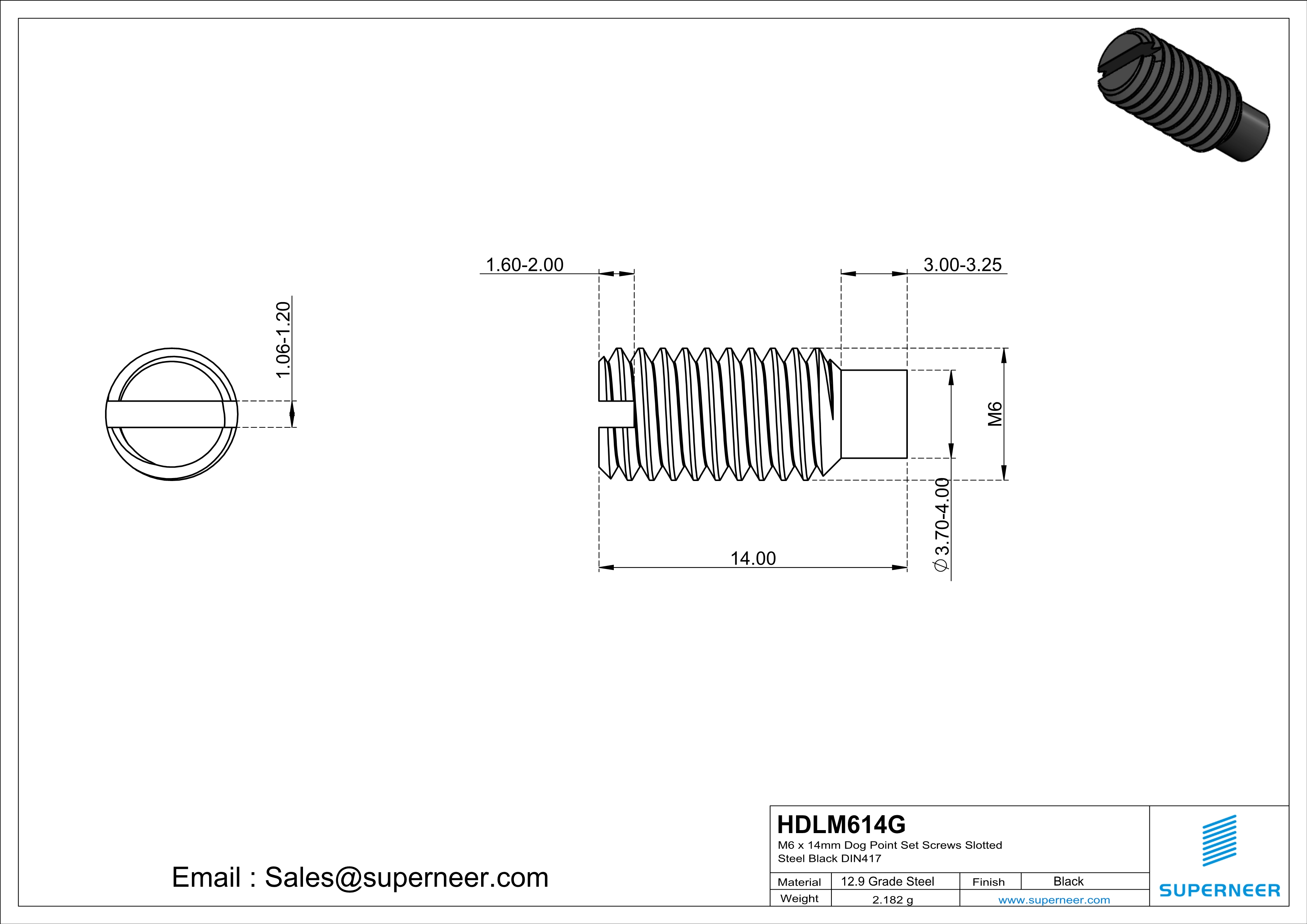 M6 x 14mm Dog Point Set Screws Slotted 12.9 Carbon Steel Black DIN417