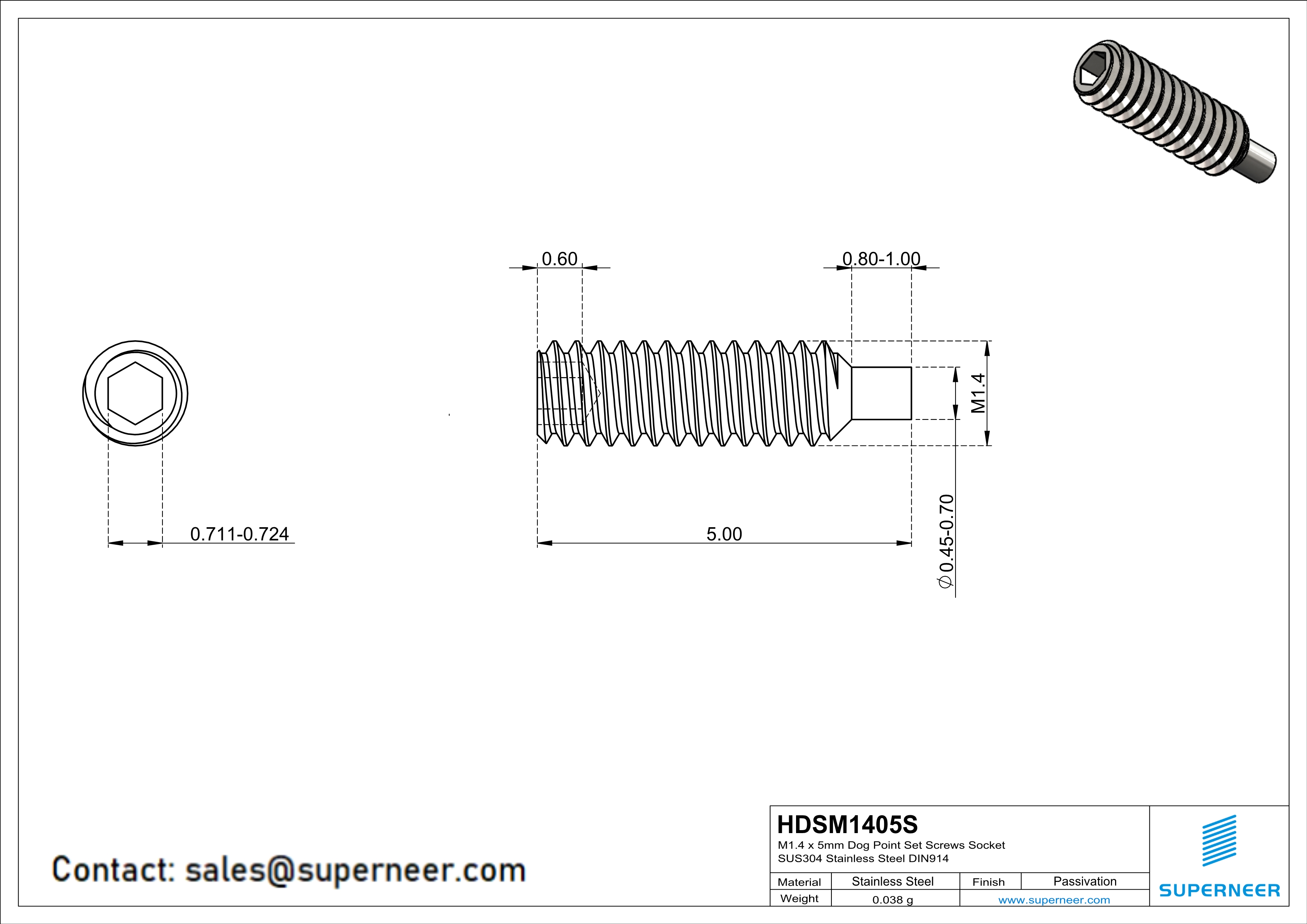 M1.4 x 5mm Dog Point Set Screws Socket SUS304 Stainless Steel Inox DIN915