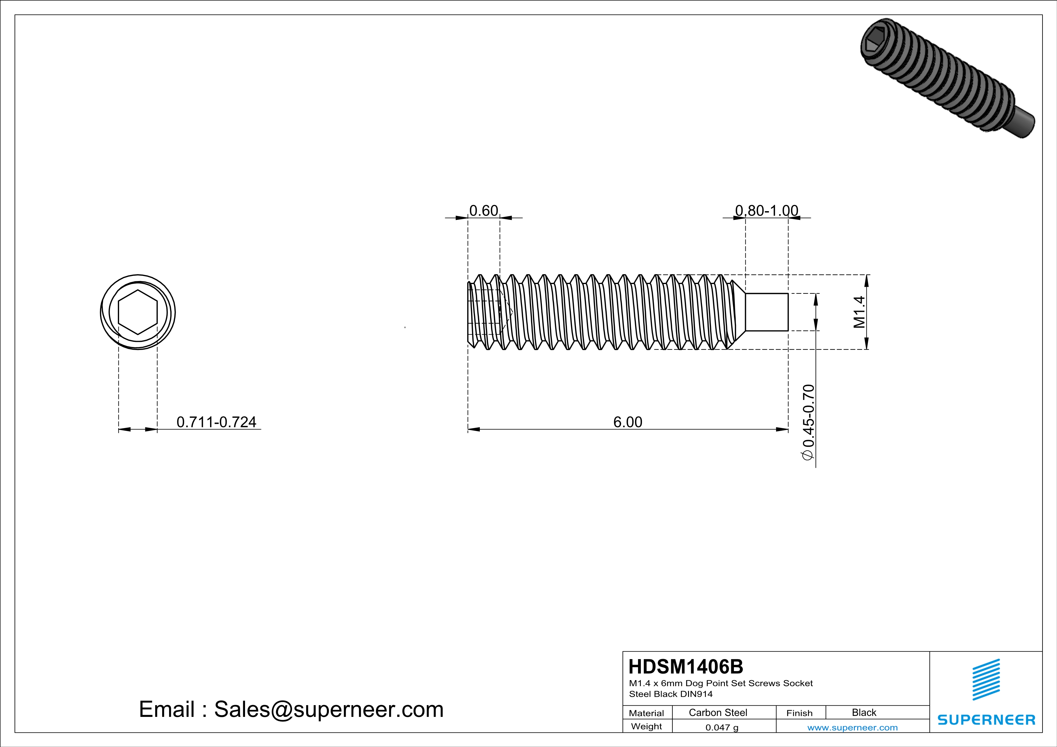 M1.4 x 6mm Dog Point Set Screws Socket Steel Black DIN915