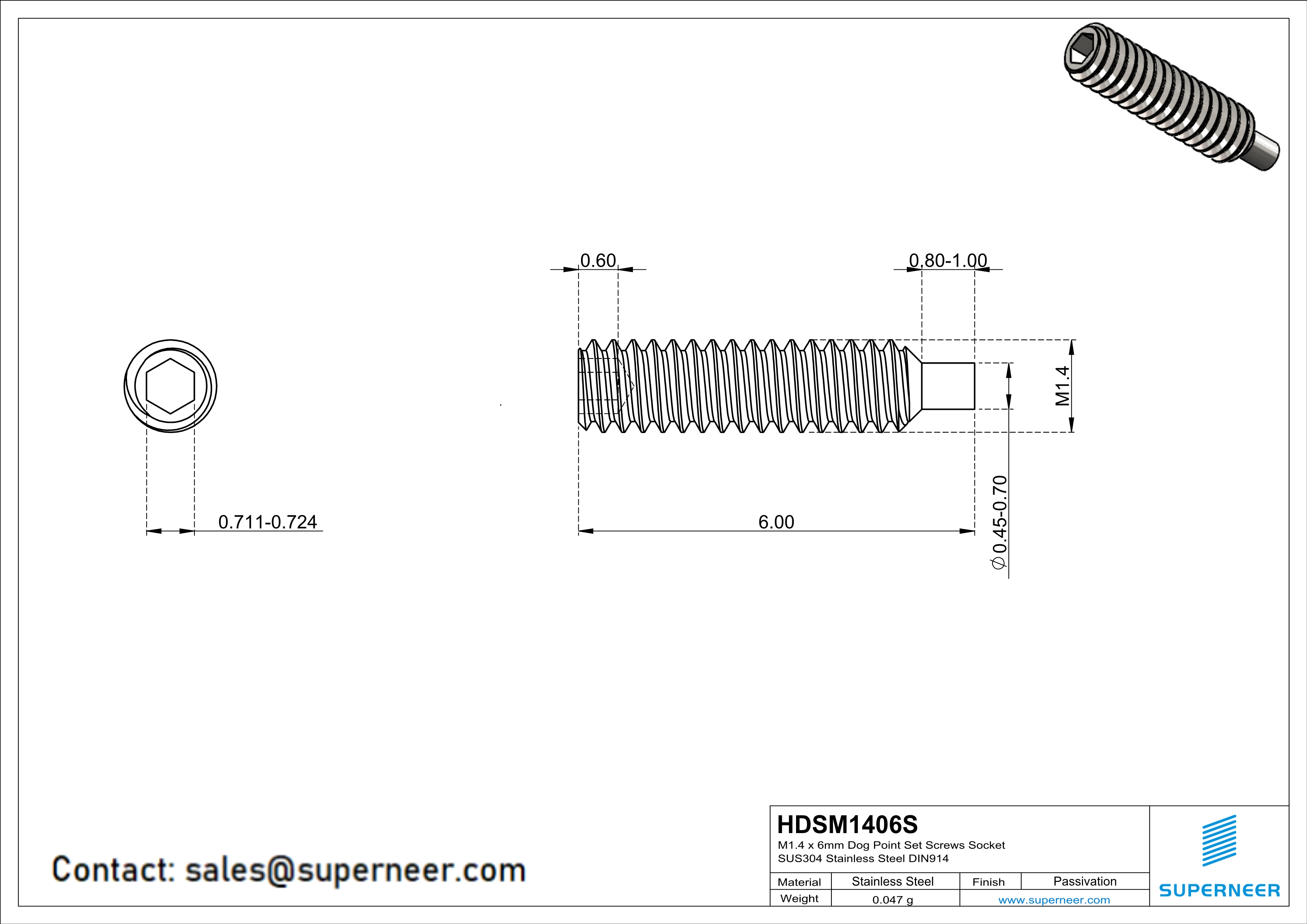 M1.4 x 6mm Dog Point Set Screws Socket SUS304 Stainless Steel Inox DIN915