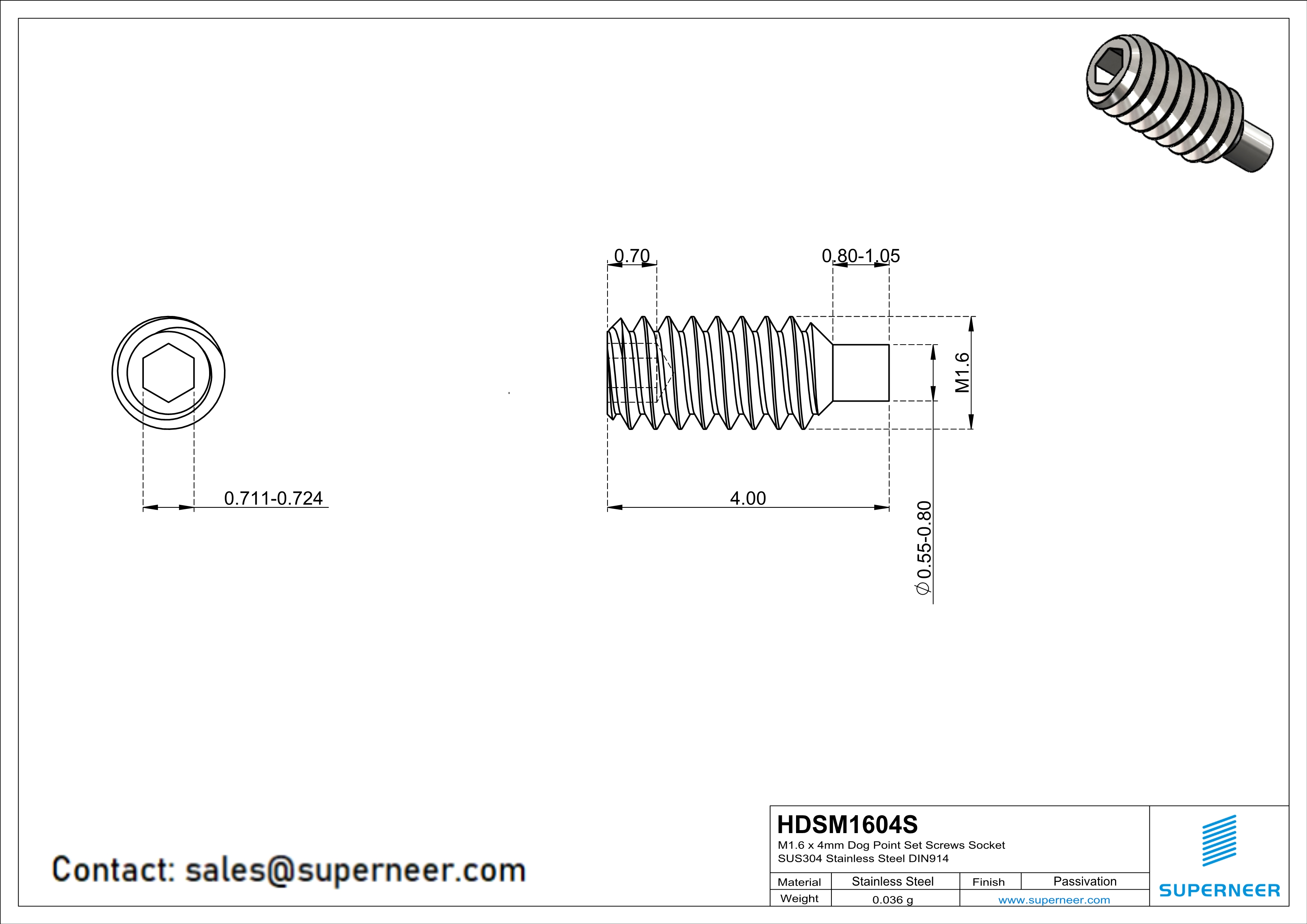 M1.6 x 4mm Dog Point Set Screws Socket SUS304 Stainless Steel Inox DIN915