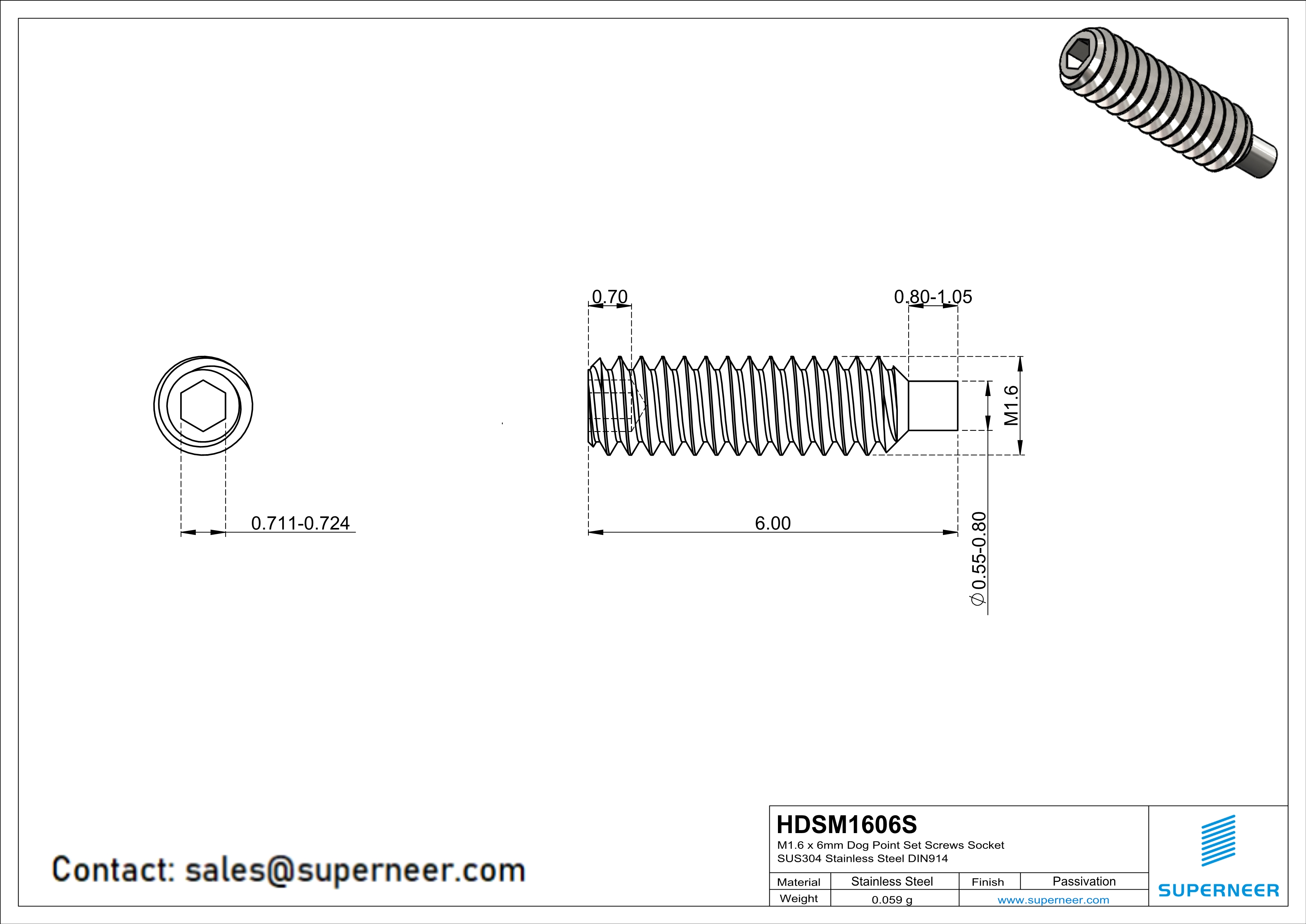 M1.6 x 6mm Dog Point Set Screws Socket SUS304 Stainless Steel Inox DIN915