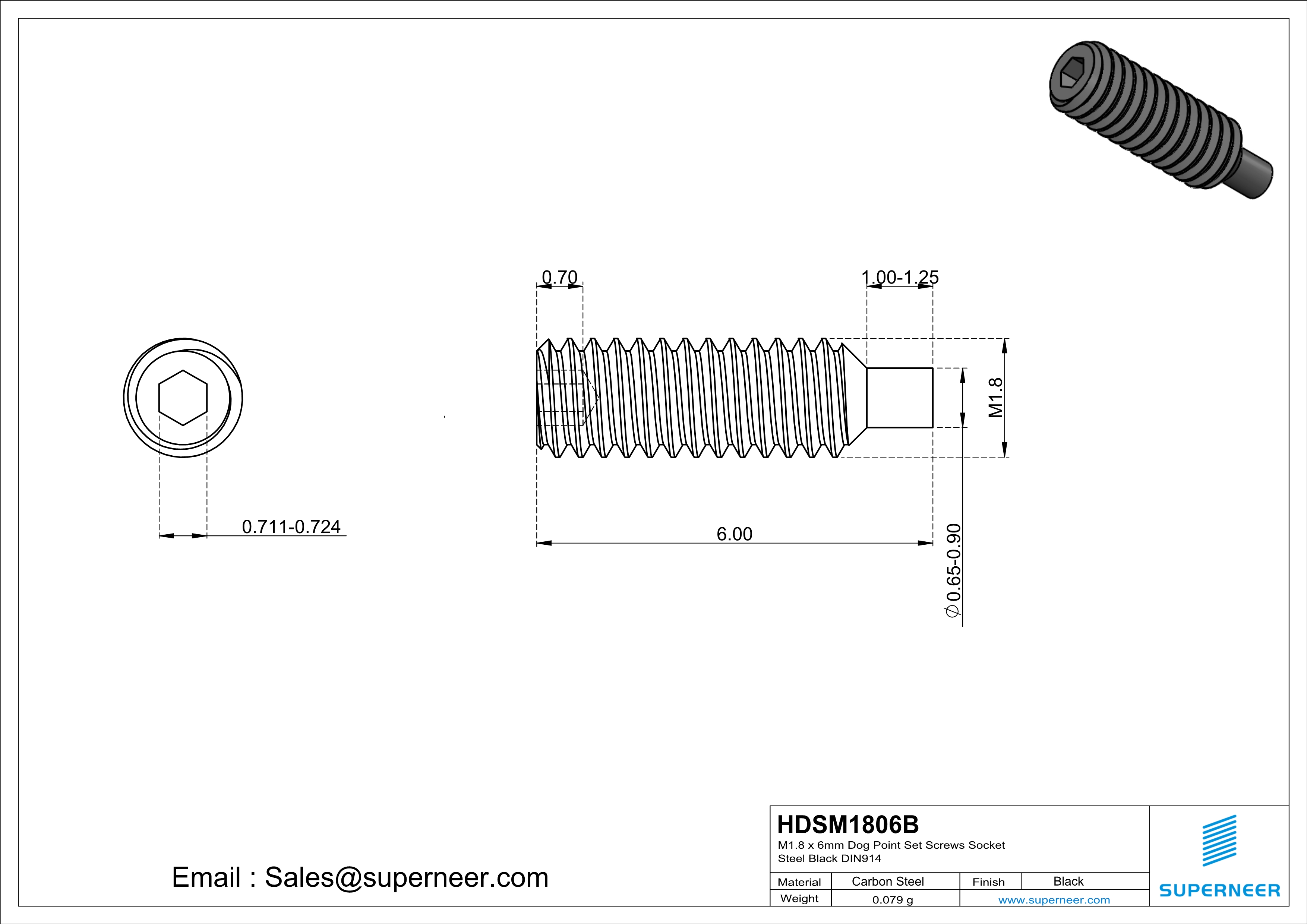 M1.8 x 6mm Dog Point Set Screws Socket Steel Black DIN915