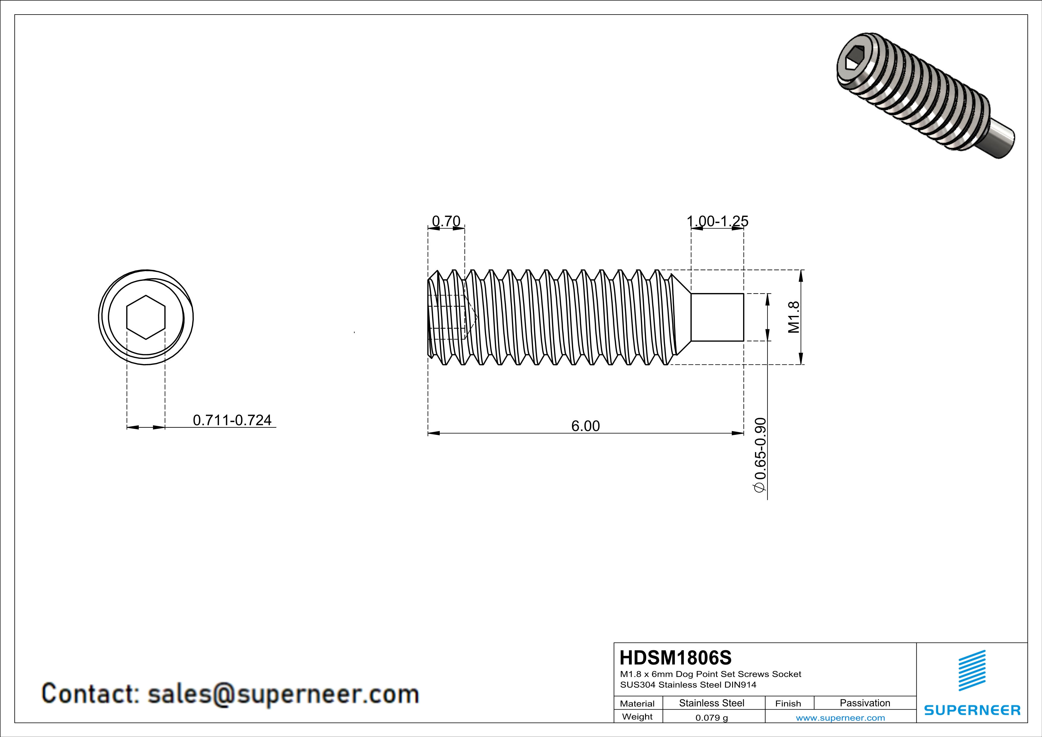 M1.8 x 6mm Dog Point Set Screws Socket SUS304 Stainless Steel Inox DIN915