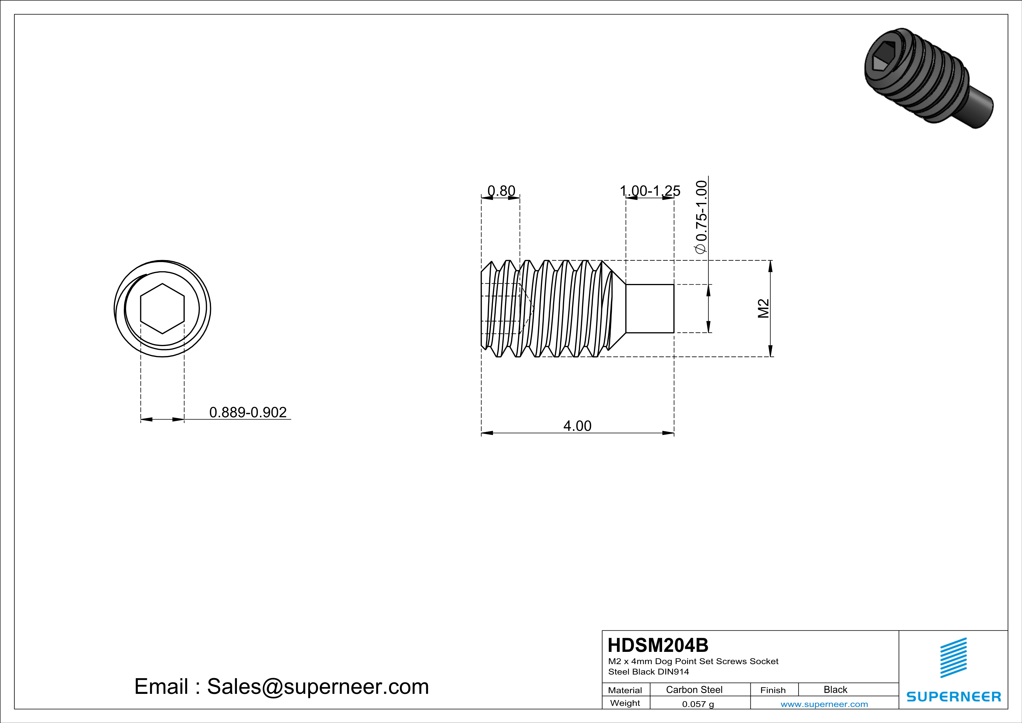 M2 x 4mm Dog Point Set Screws Socket Steel Black DIN915