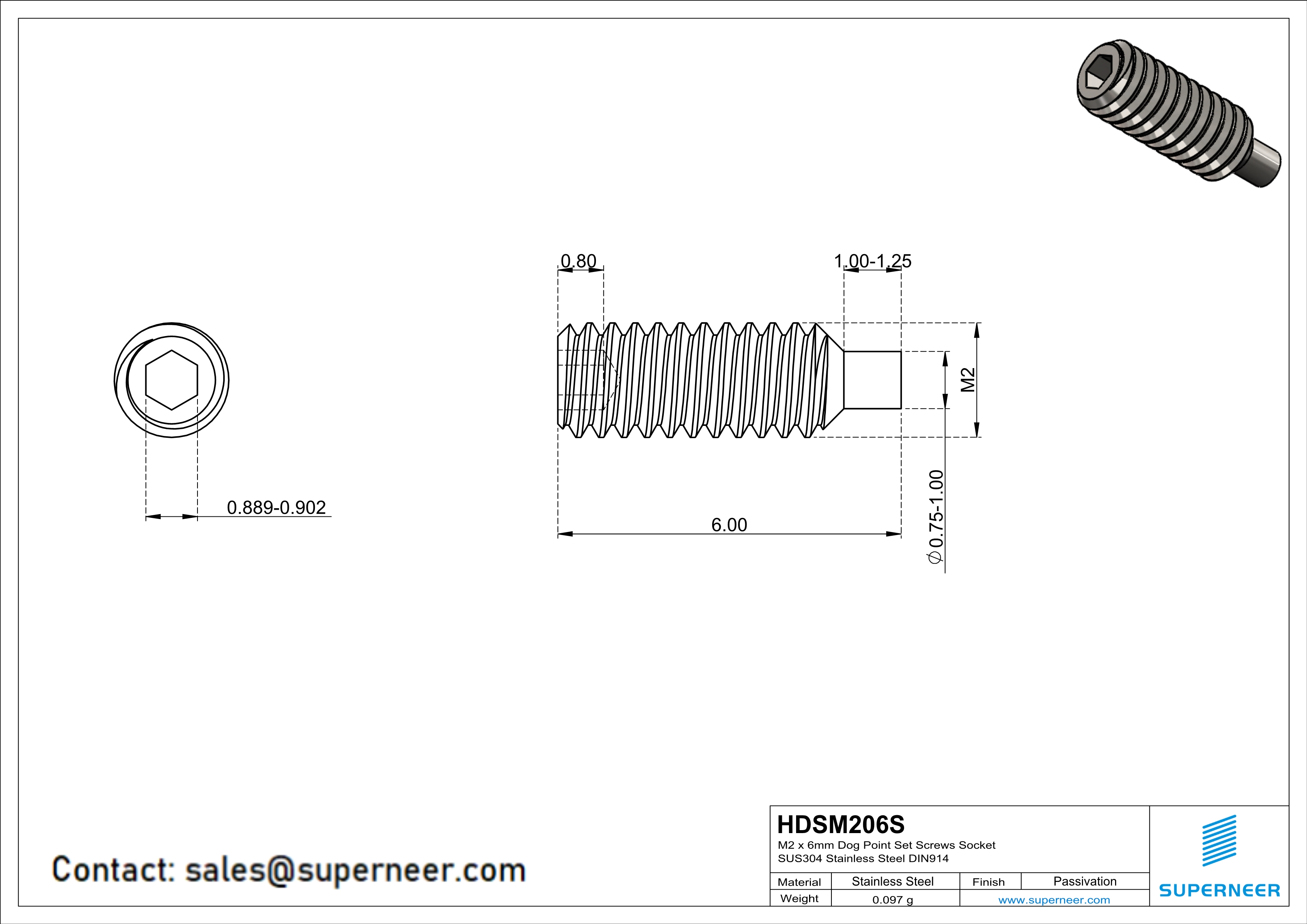 M2 x 6mm Dog Point Set Screws Socket SUS304 Stainless Steel Inox DIN915