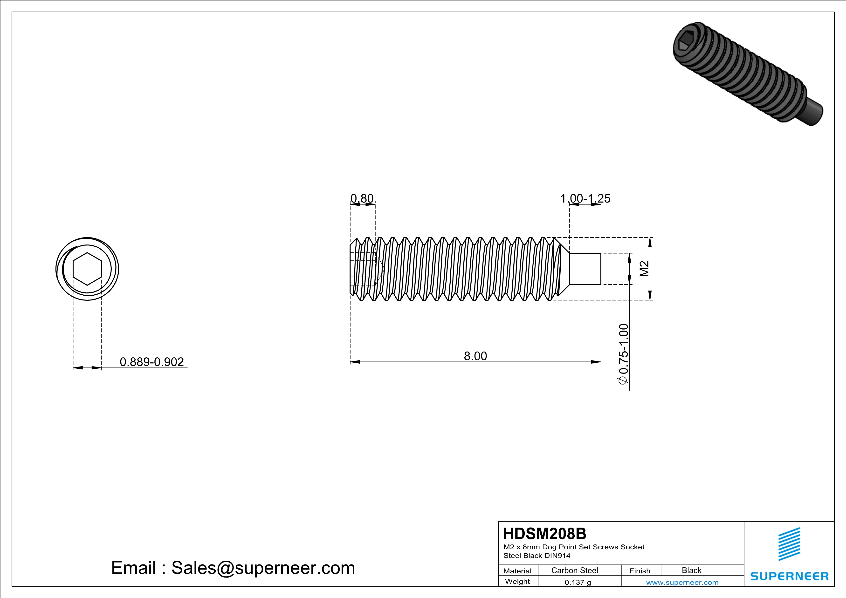 M2 x 8mm Dog Point Set Screws Socket Steel Black DIN915