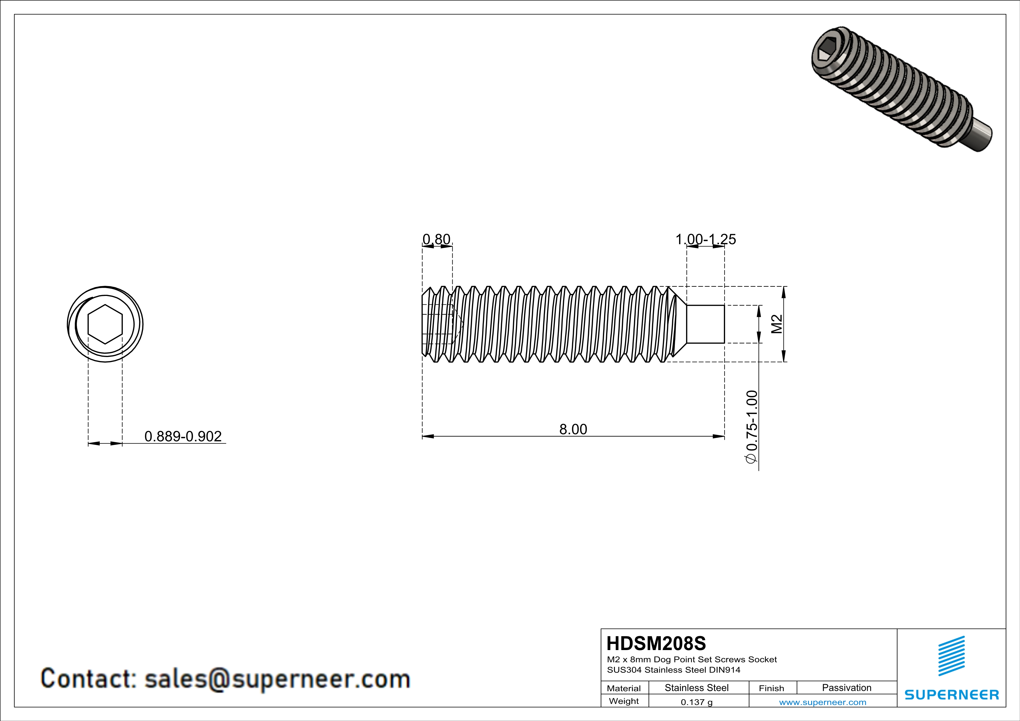 M2 x 8mm Dog Point Set Screws Socket SUS304 Stainless Steel Inox DIN915