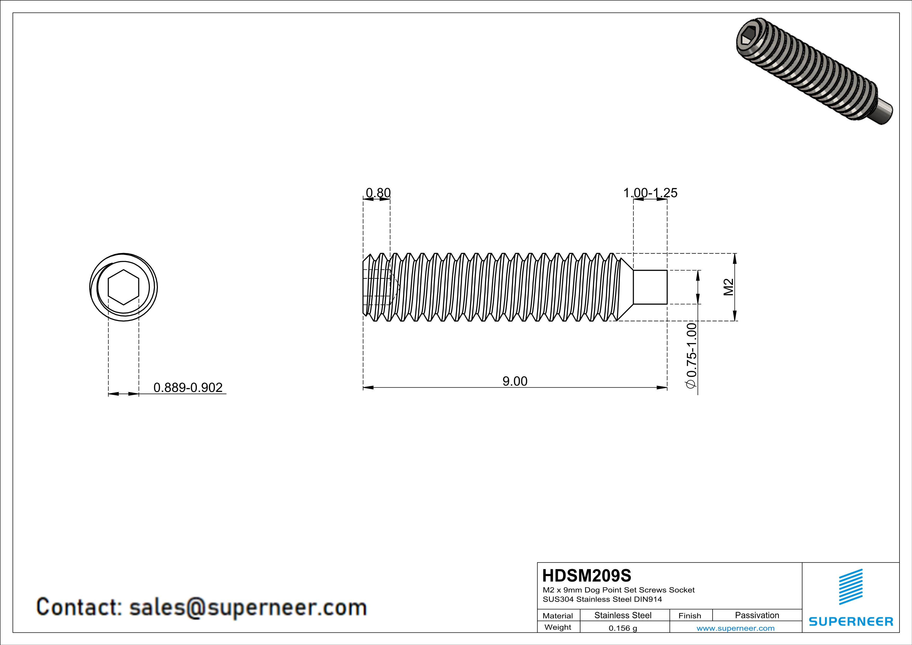 M2 x 9mm Dog Point Set Screws Socket SUS304 Stainless Steel Inox DIN915