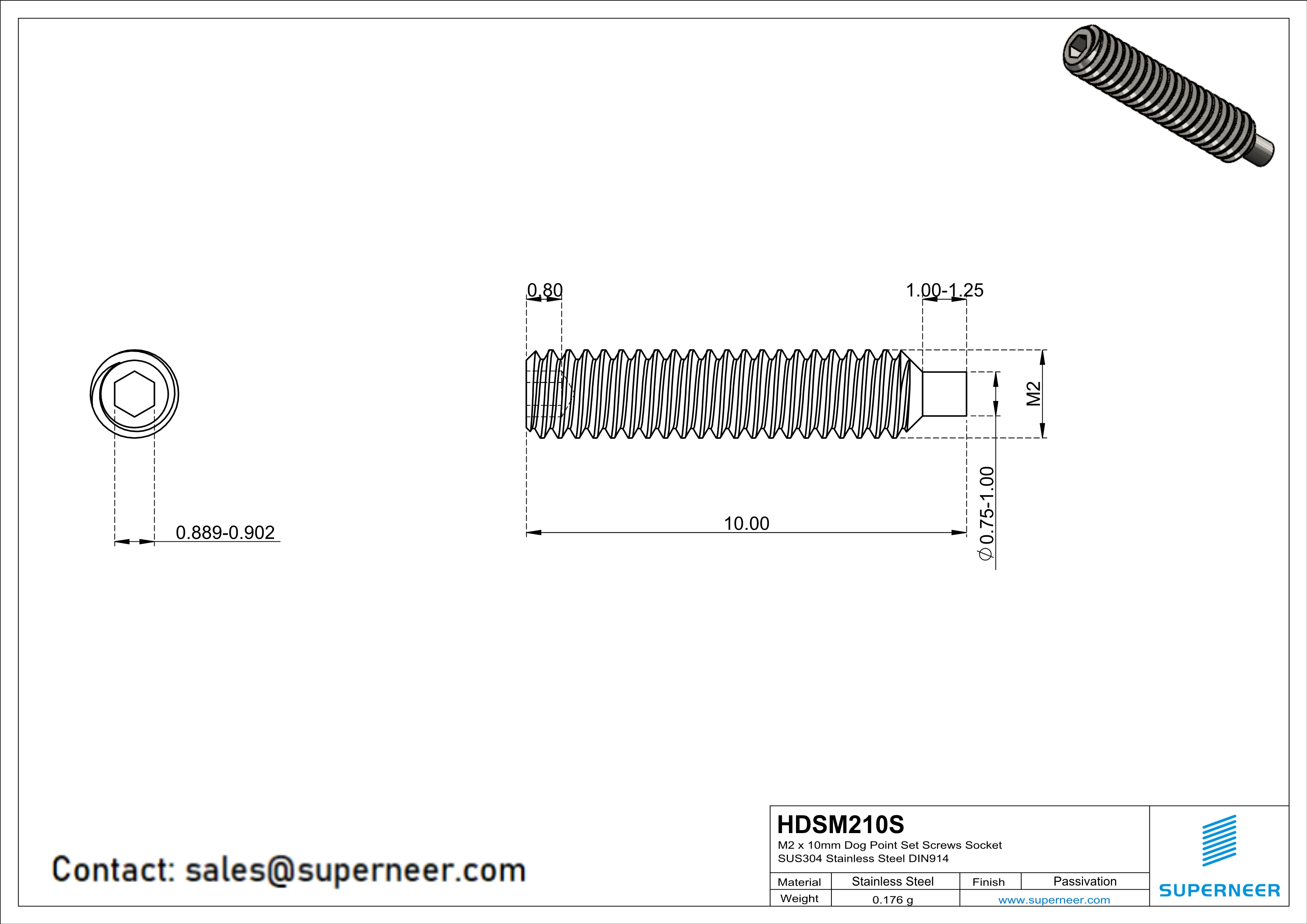 M2 x 10mm Dog Point Set Screws Socket SUS304 Stainless Steel Inox DIN915