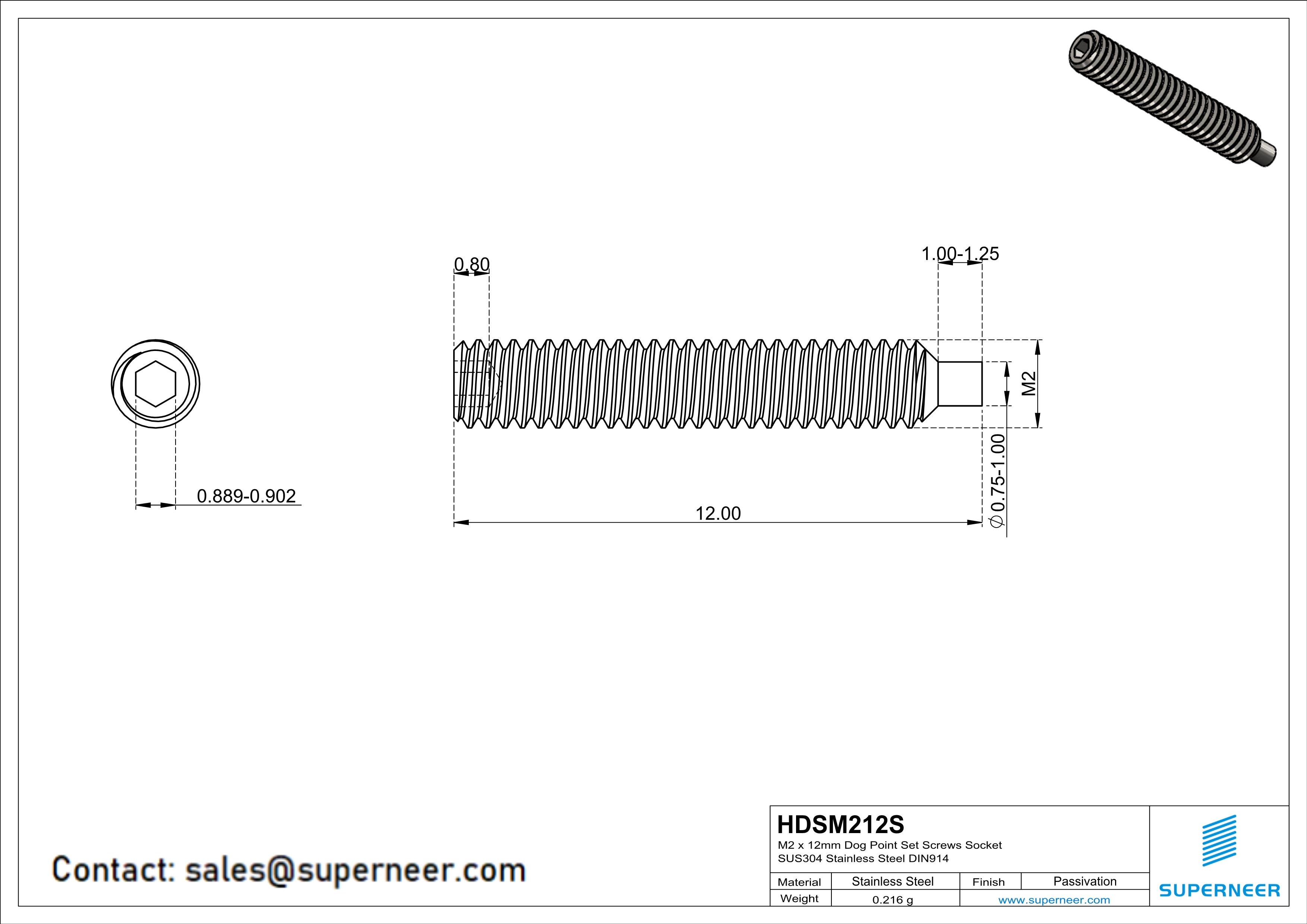 M2 x 12mm Dog Point Set Screws Socket SUS304 Stainless Steel Inox DIN915