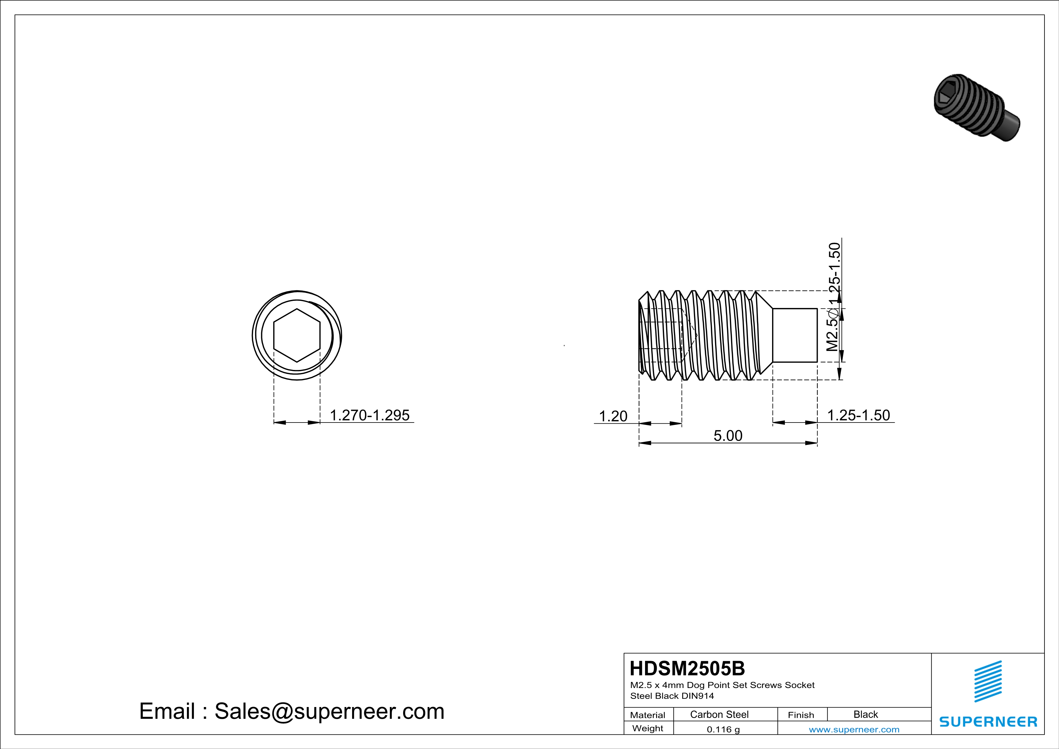 M2.5 x 5mm Dog Point Set Screws Socket Steel Black DIN915