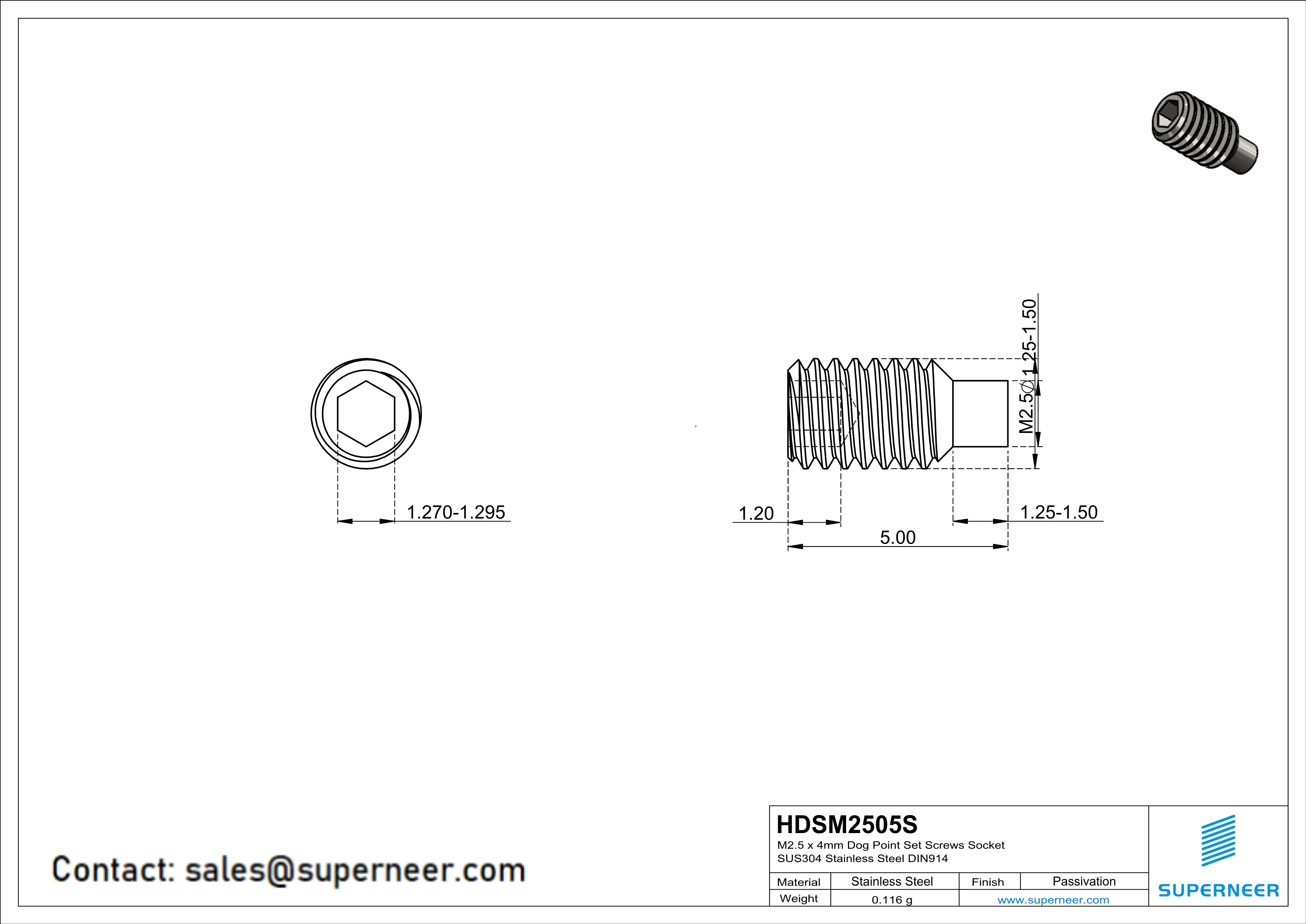 M2.5 x 5mm Dog Point Set Screws Socket SUS304 Stainless Steel Inox DIN915