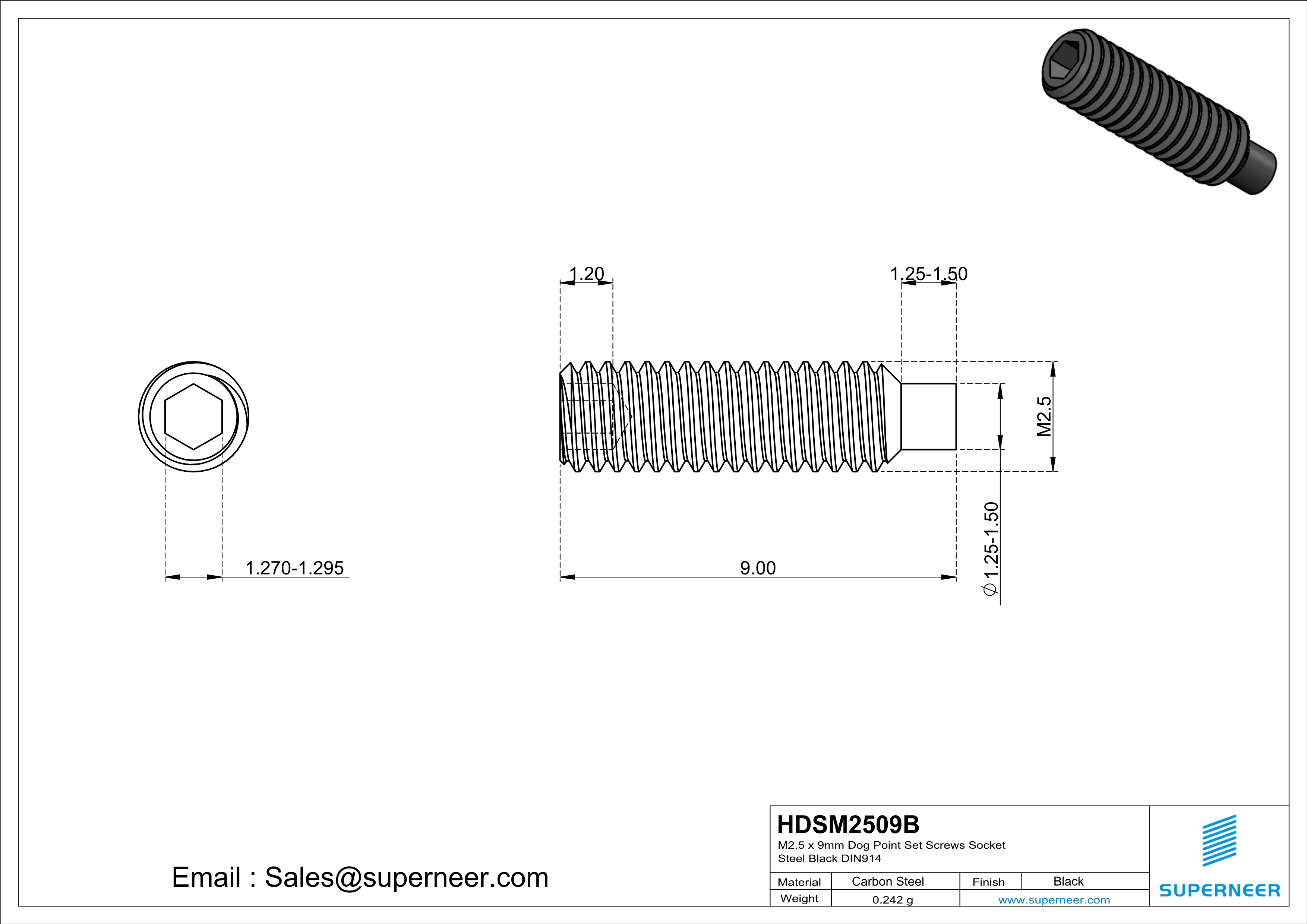 M2.5 x 9mm Dog Point Set Screws Socket Steel Black DIN915