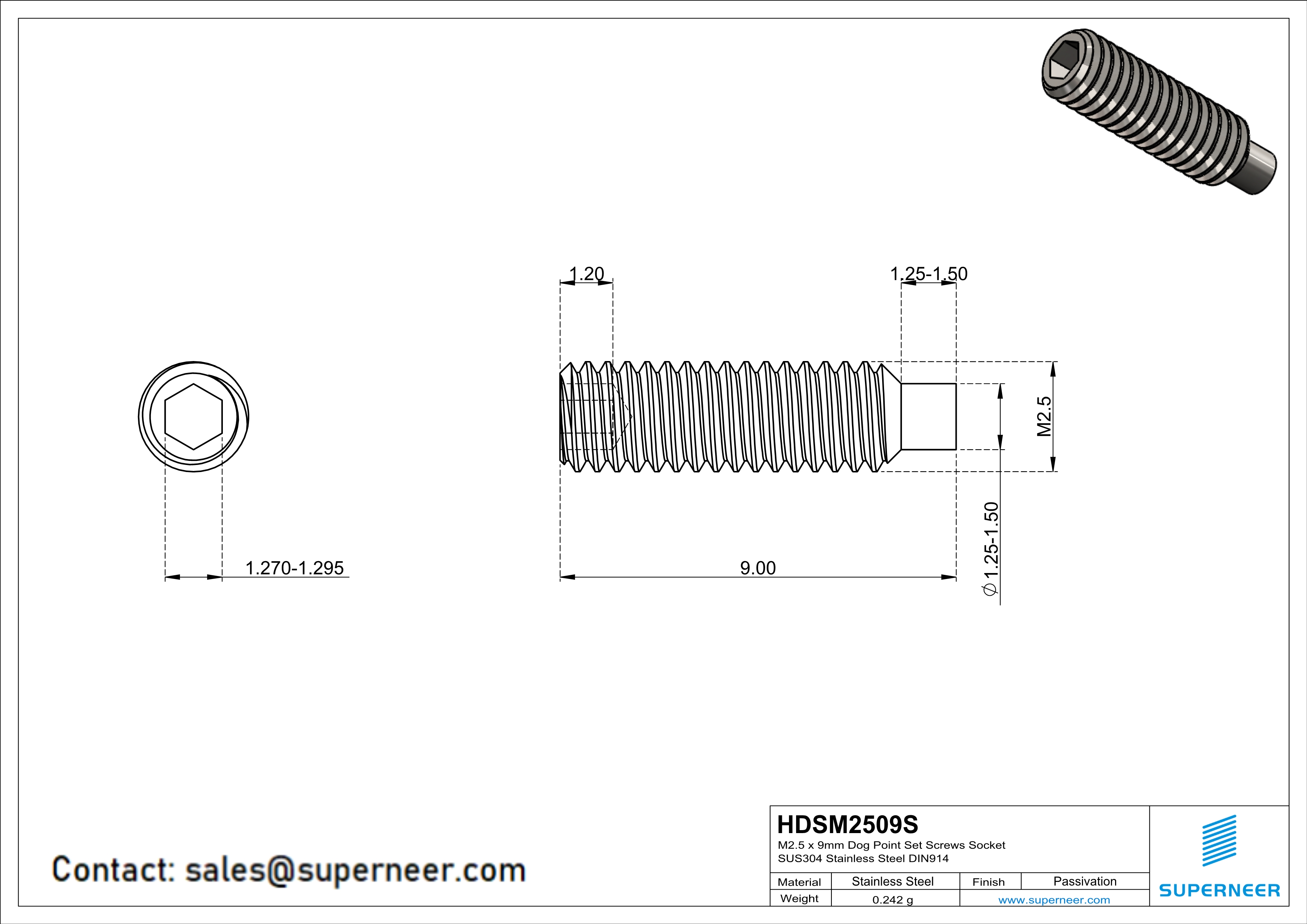 M2.5 x 9mm Dog Point Set Screws Socket SUS304 Stainless Steel Inox DIN915