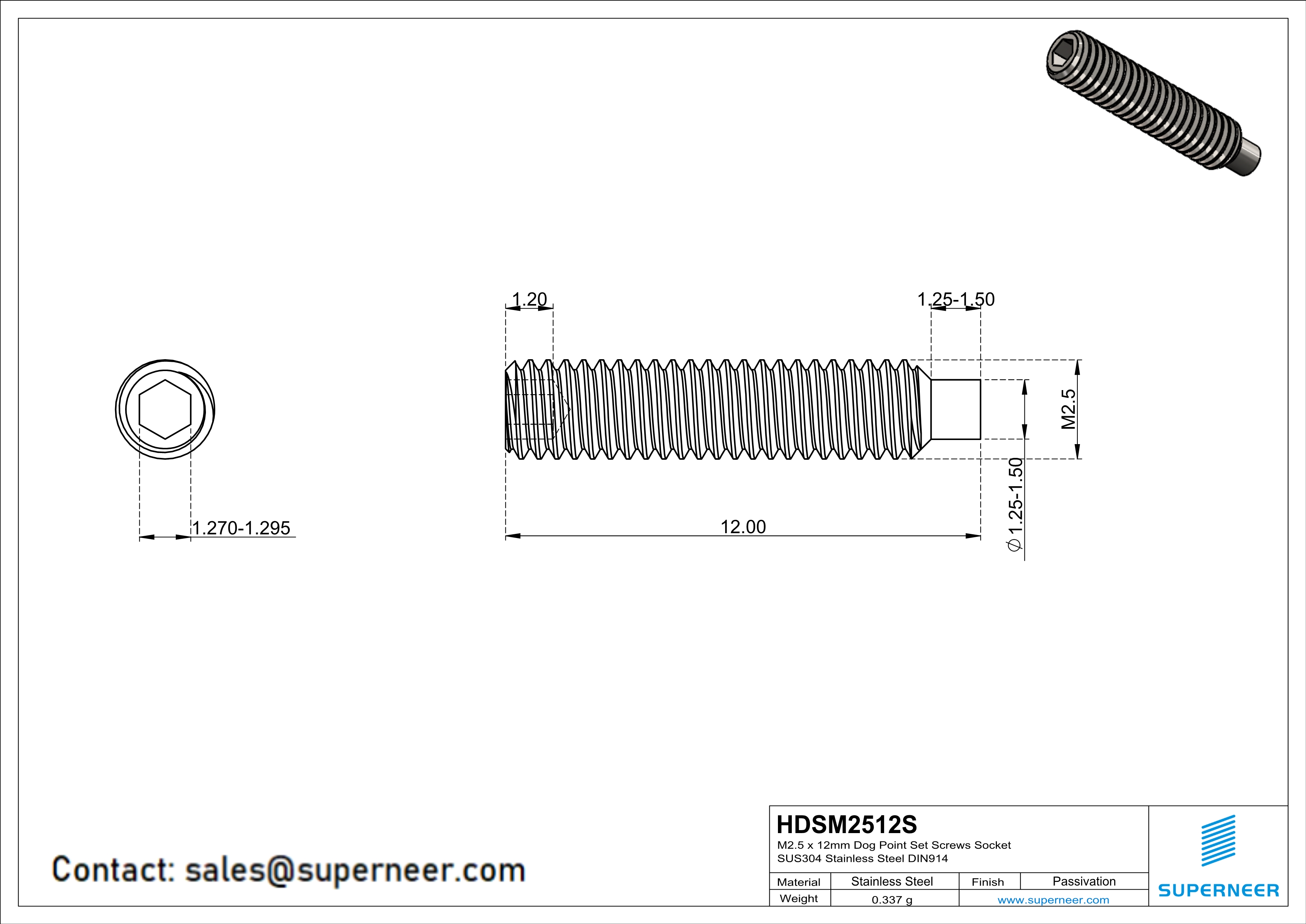 M2.5 x 12mm Dog Point Set Screws Socket SUS304 Stainless Steel Inox DIN915