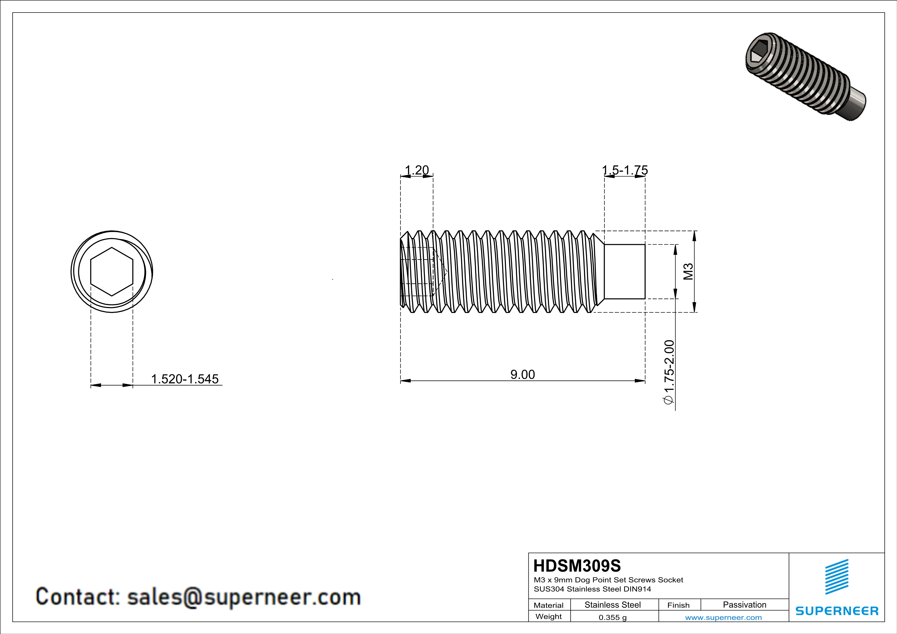 M3 x 9mm Dog Point Set Screws Socket SUS304 Stainless Steel Inox DIN915