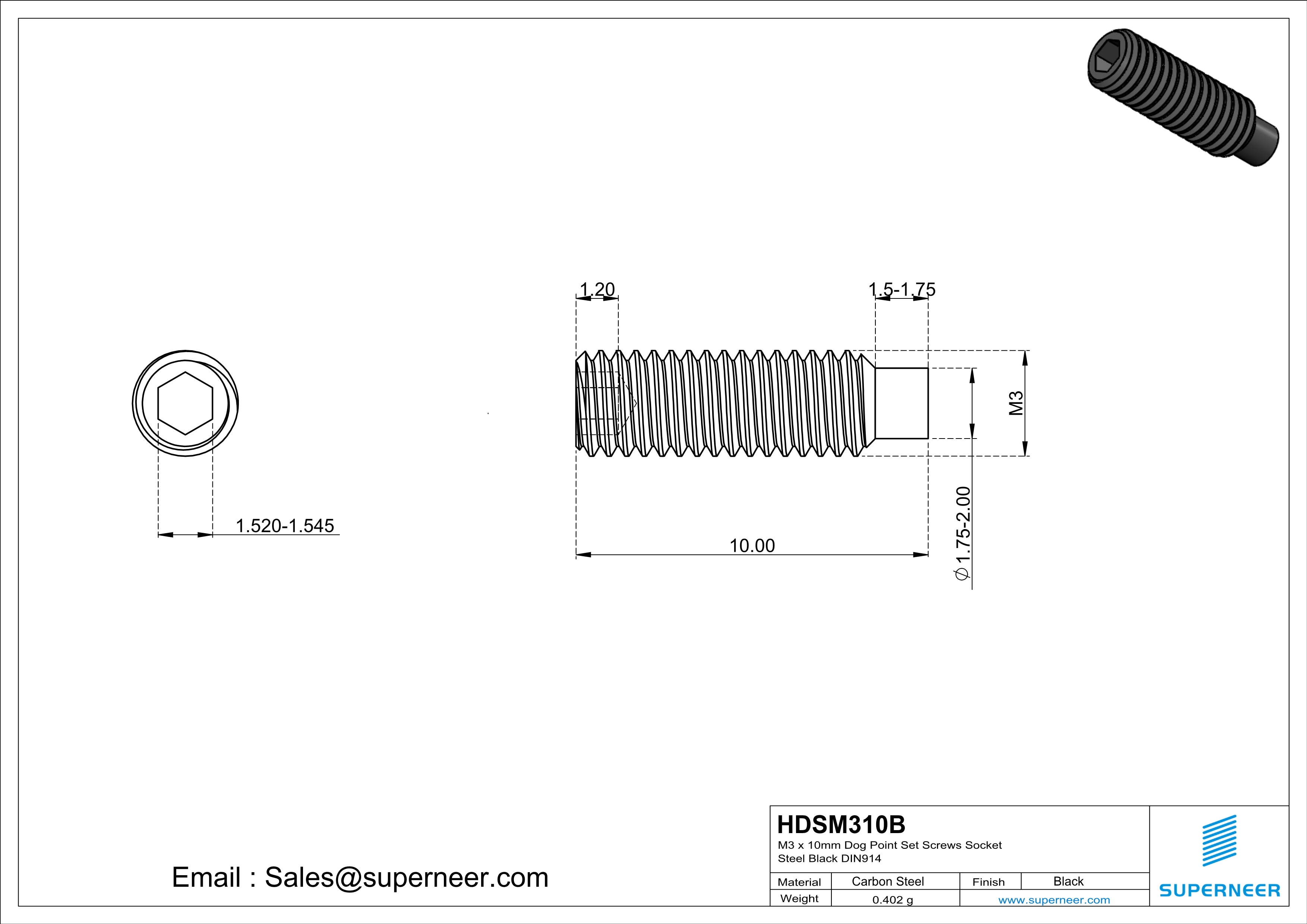 M3 x 10mm Dog Point Set Screws Socket Steel Black DIN915