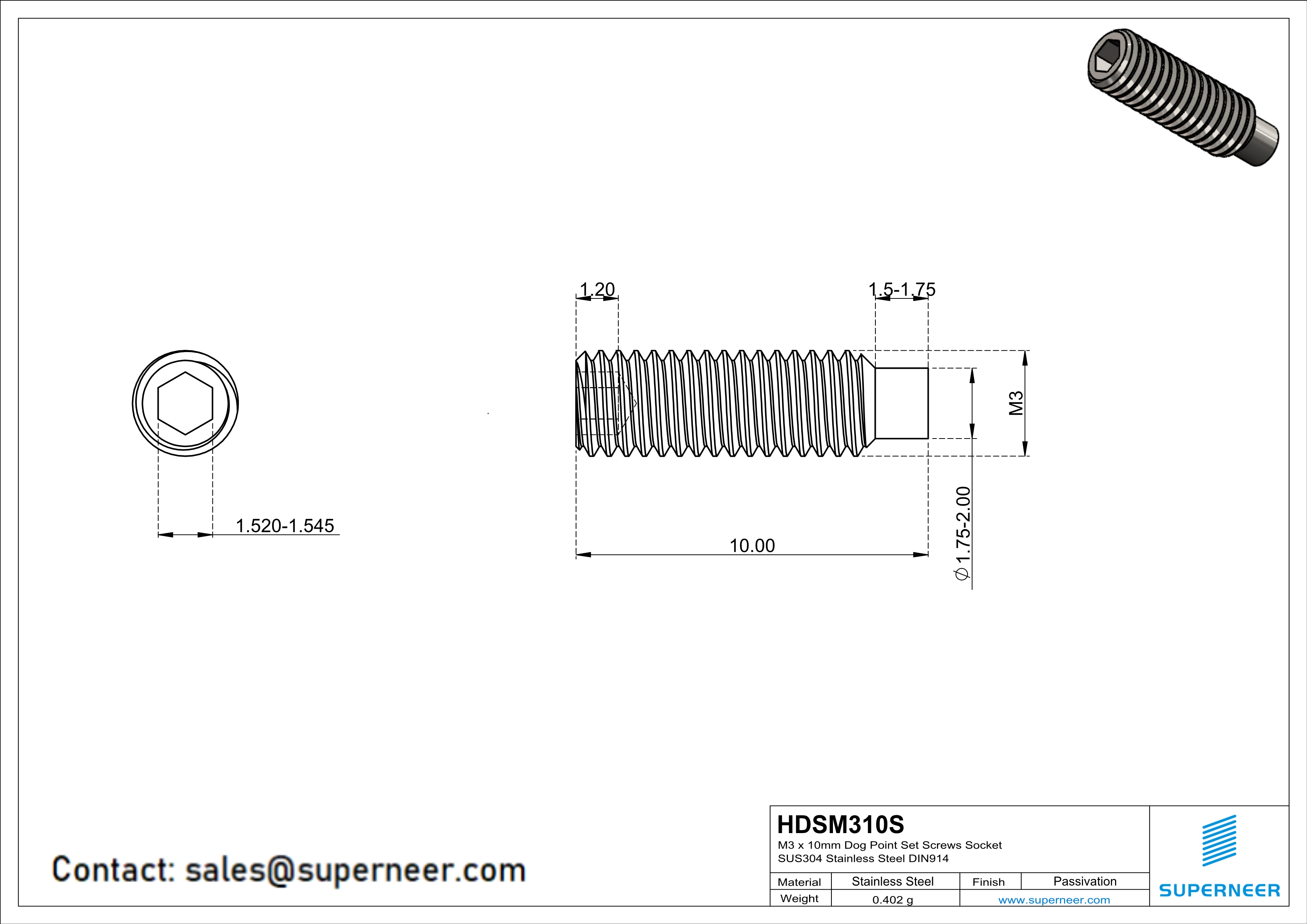 M3 x 10mm Dog Point Set Screws Socket SUS304 Stainless Steel Inox DIN915