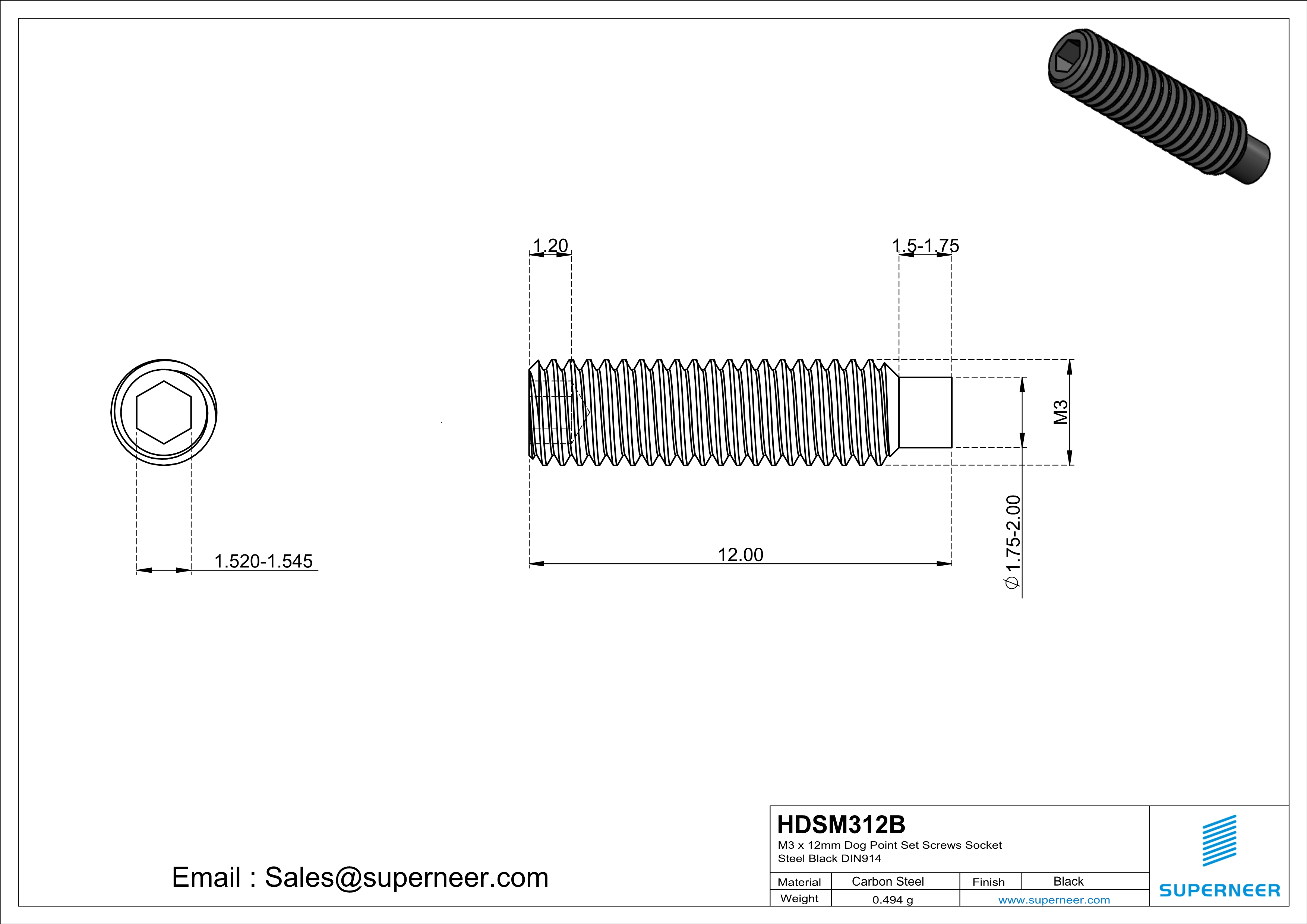 M3 x 12mm Dog Point Set Screws Socket Steel Black DIN915