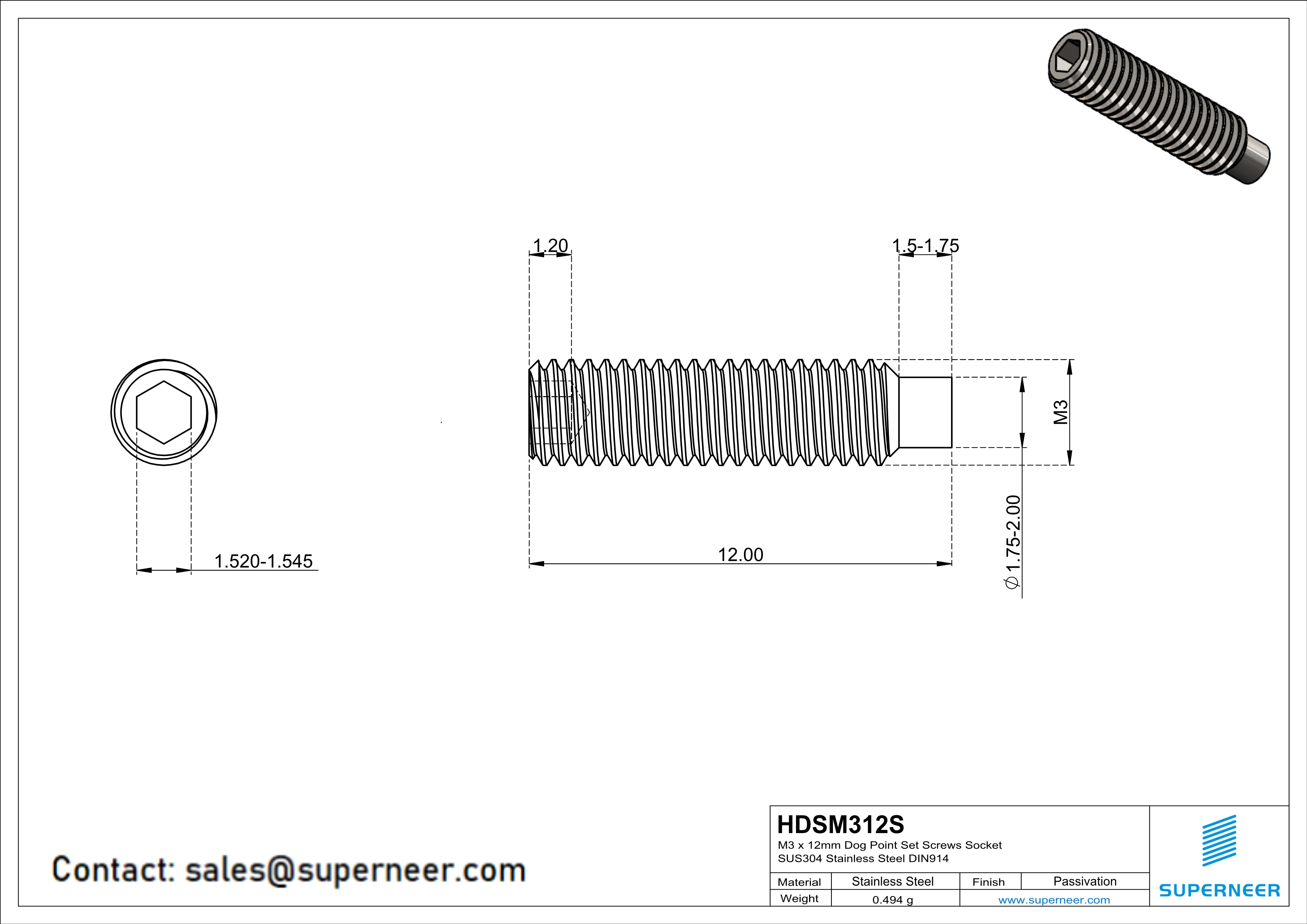 M3 x 12mm Dog Point Set Screws Socket SUS304 Stainless Steel Inox DIN915