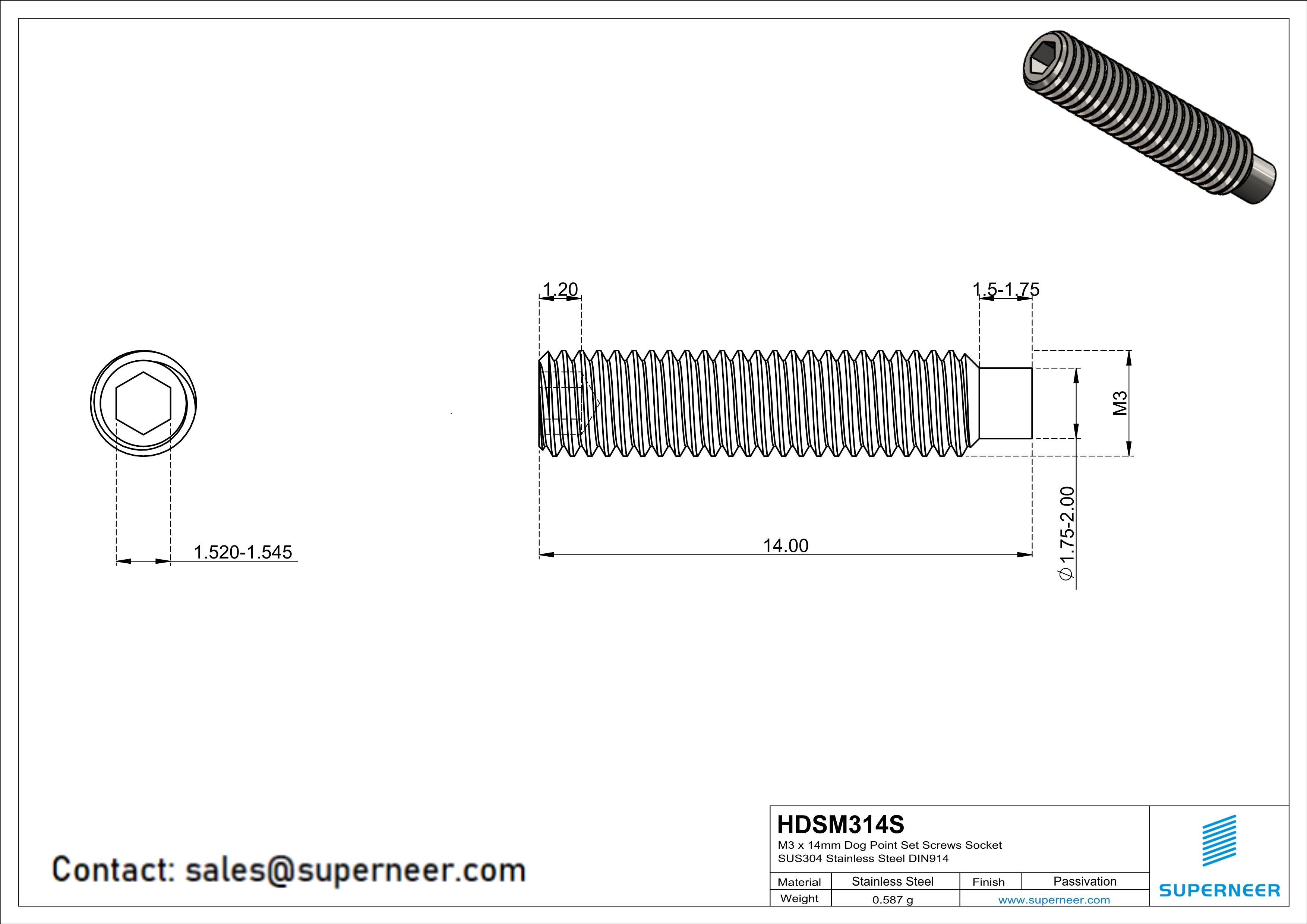 M3 x 14mm Dog Point Set Screws Socket SUS304 Stainless Steel Inox DIN915