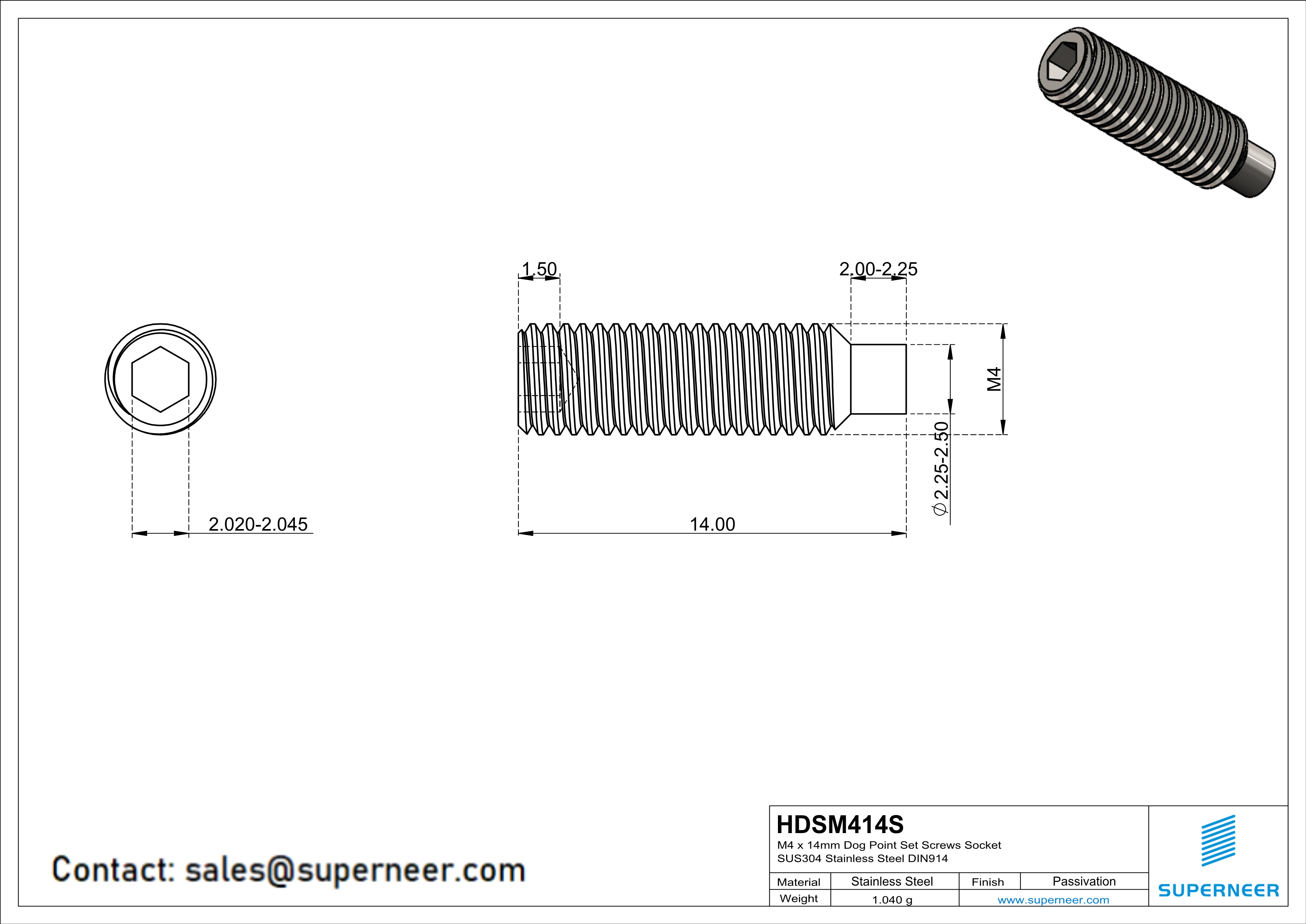 M4 x 14mm Dog Point Set Screws Socket SUS304 Stainless Steel Inox DIN915