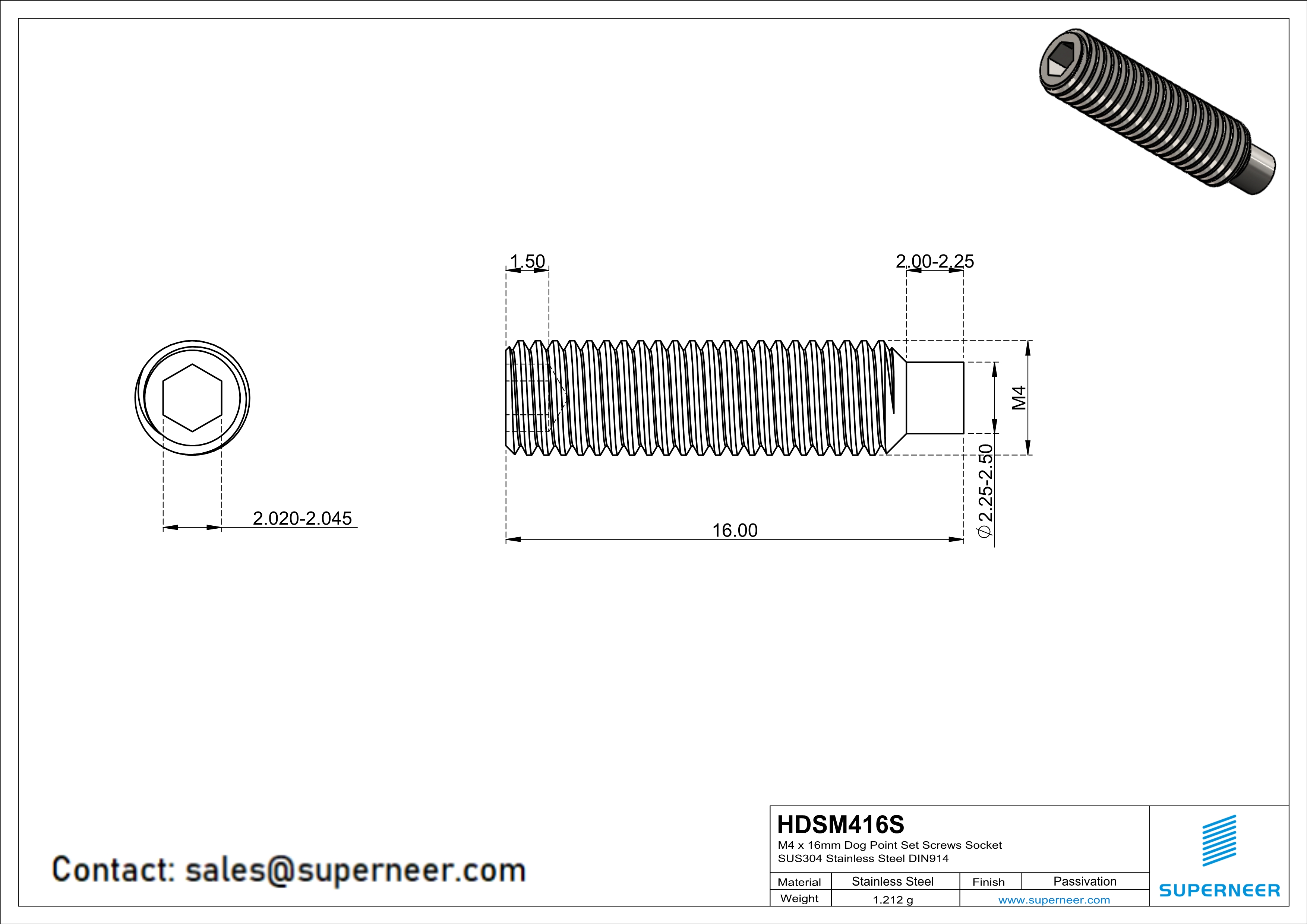 M4 x 16mm Dog Point Set Screws Socket SUS304 Stainless Steel Inox DIN915