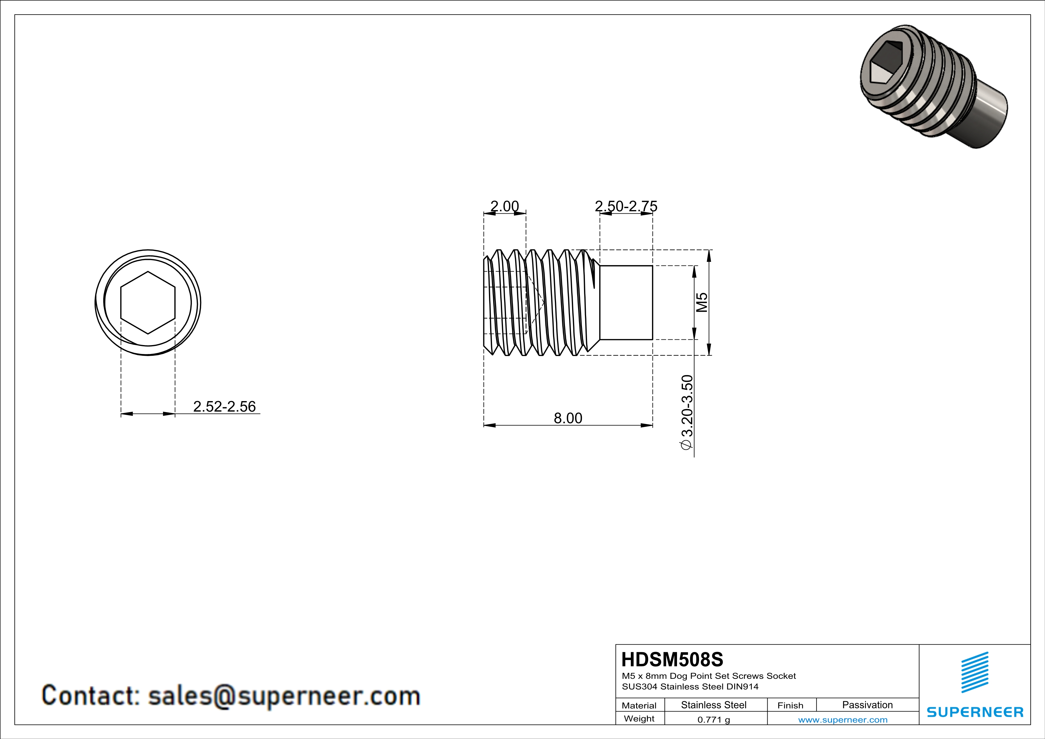 M5 x 8mm Dog Point Set Screws Socket SUS304 Stainless Steel Inox DIN915