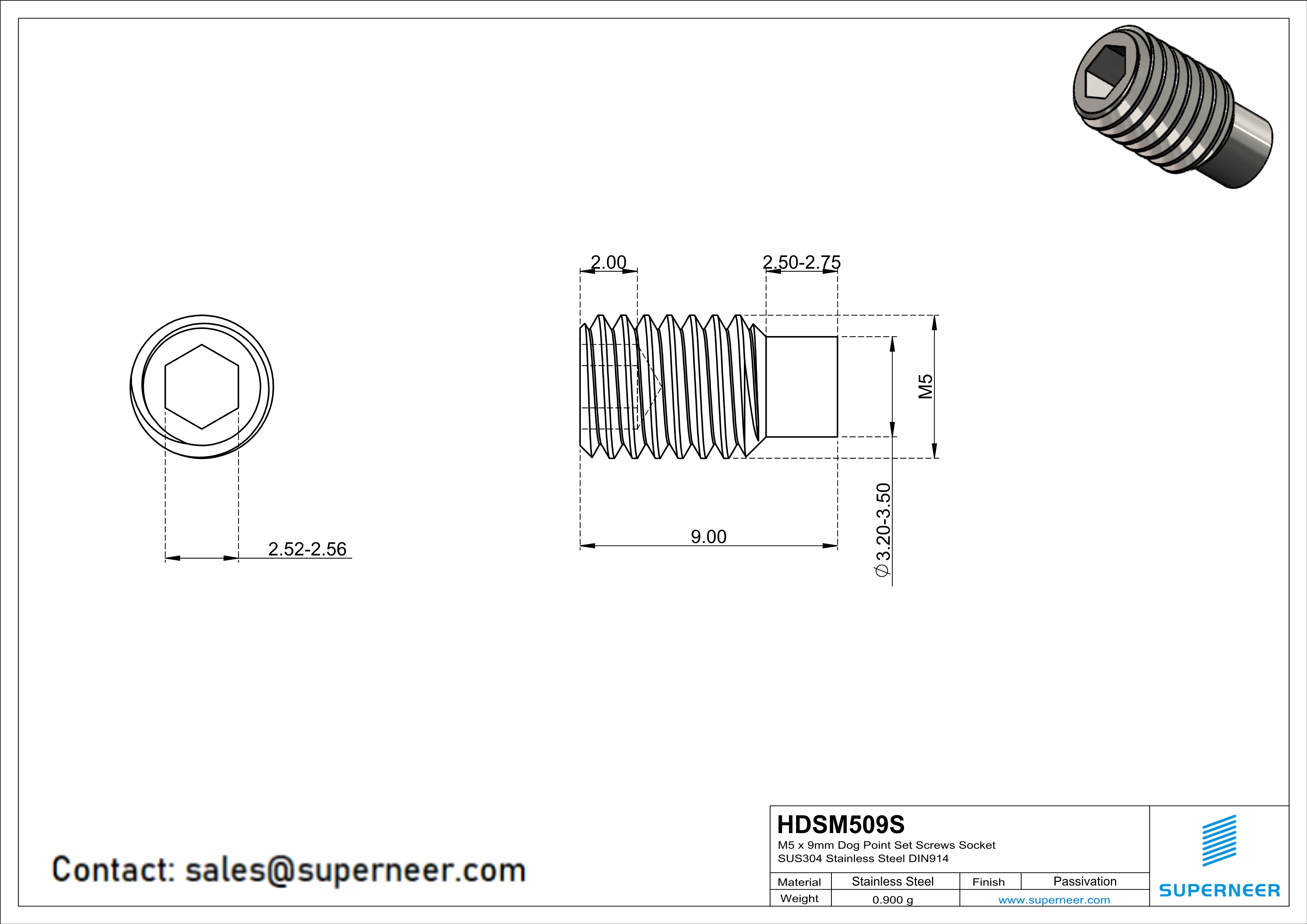 M5 x 9mm Dog Point Set Screws Socket SUS304 Stainless Steel Inox DIN915