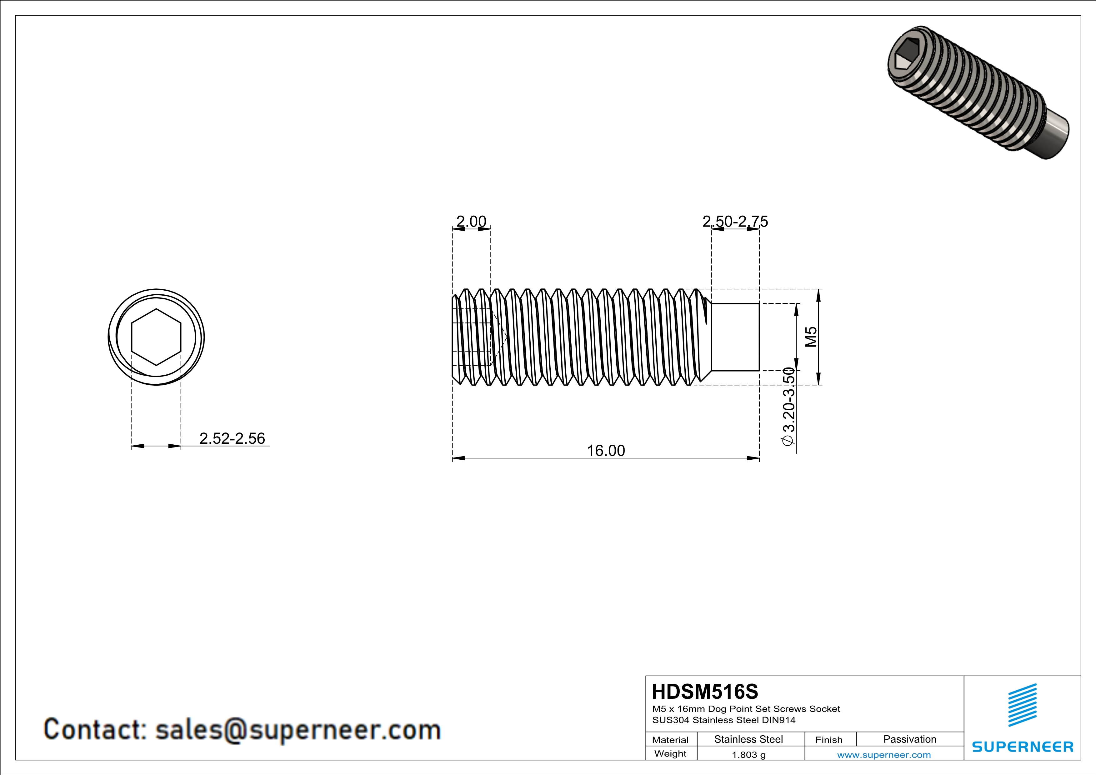 M5 x 16mm Dog Point Set Screws Socket SUS304 Stainless Steel Inox DIN915