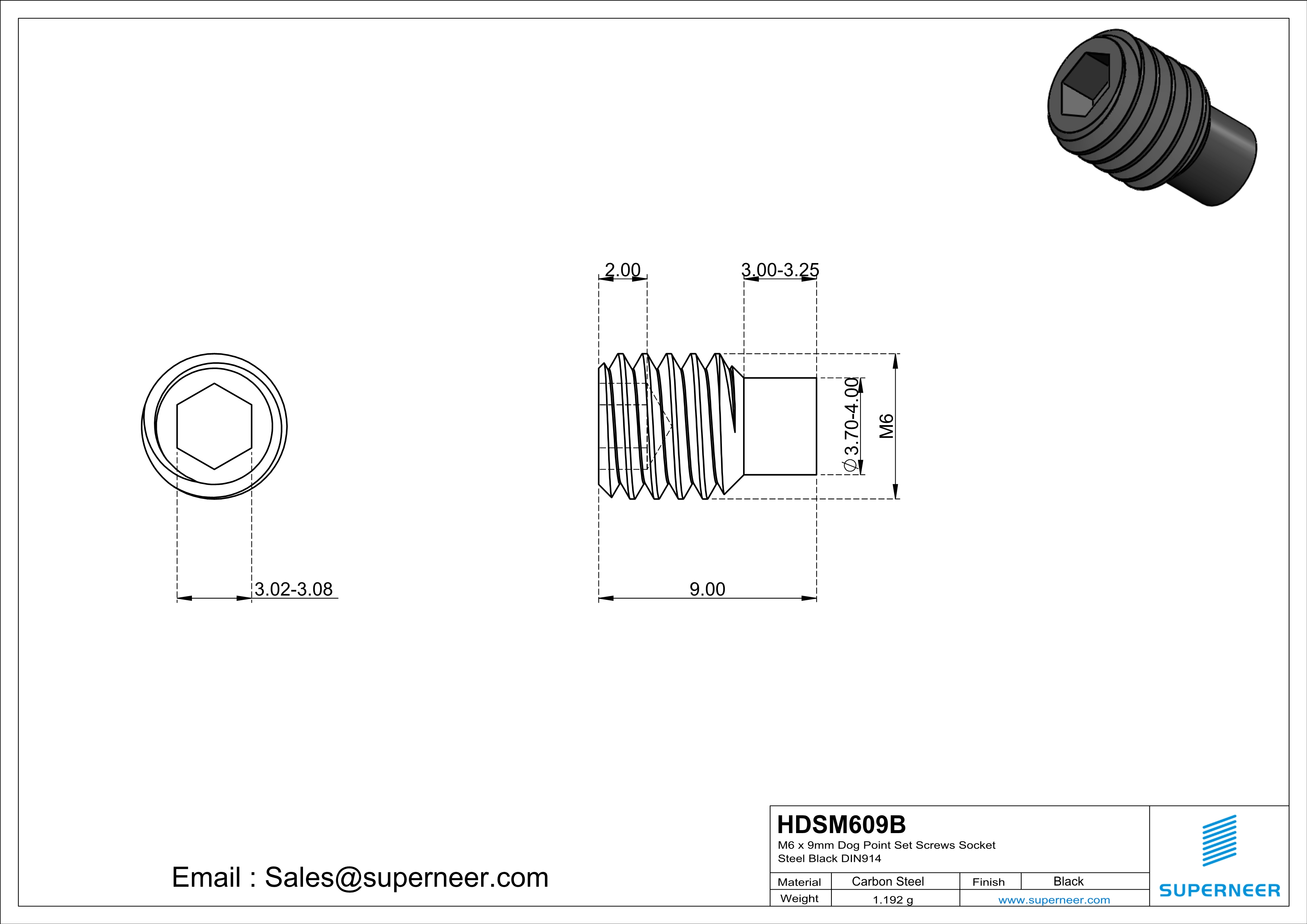 M6 x 9mm Dog Point Set Screws Socket Steel Black DIN915