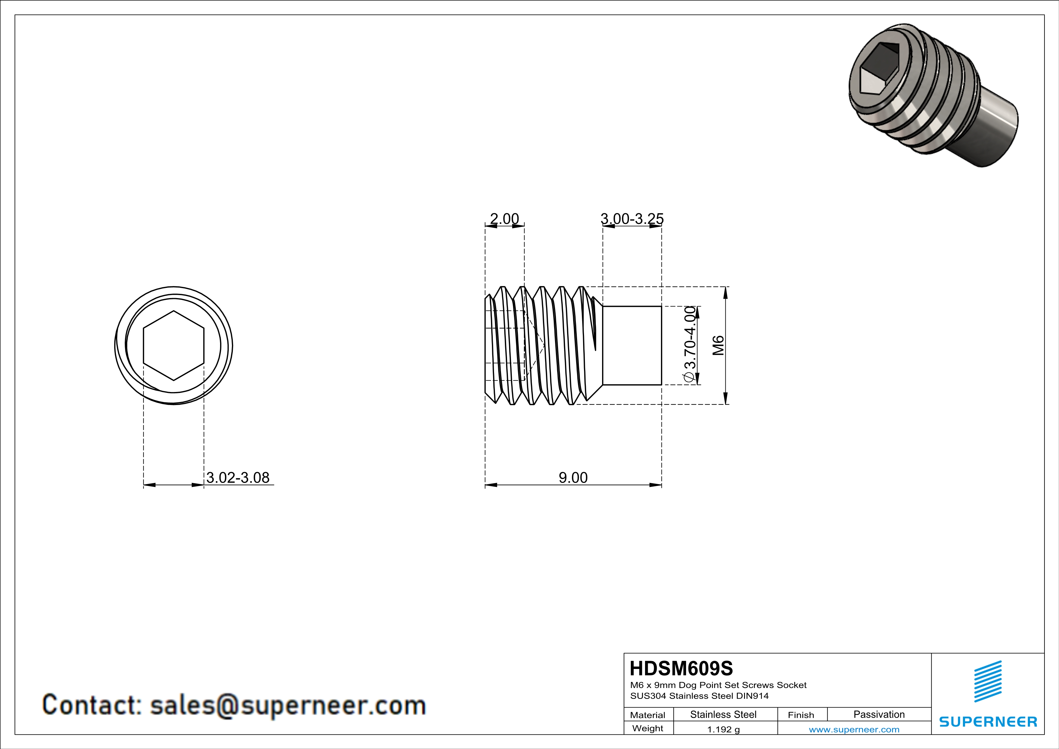 M6 x 9mm Dog Point Set Screws Socket SUS304 Stainless Steel Inox DIN915