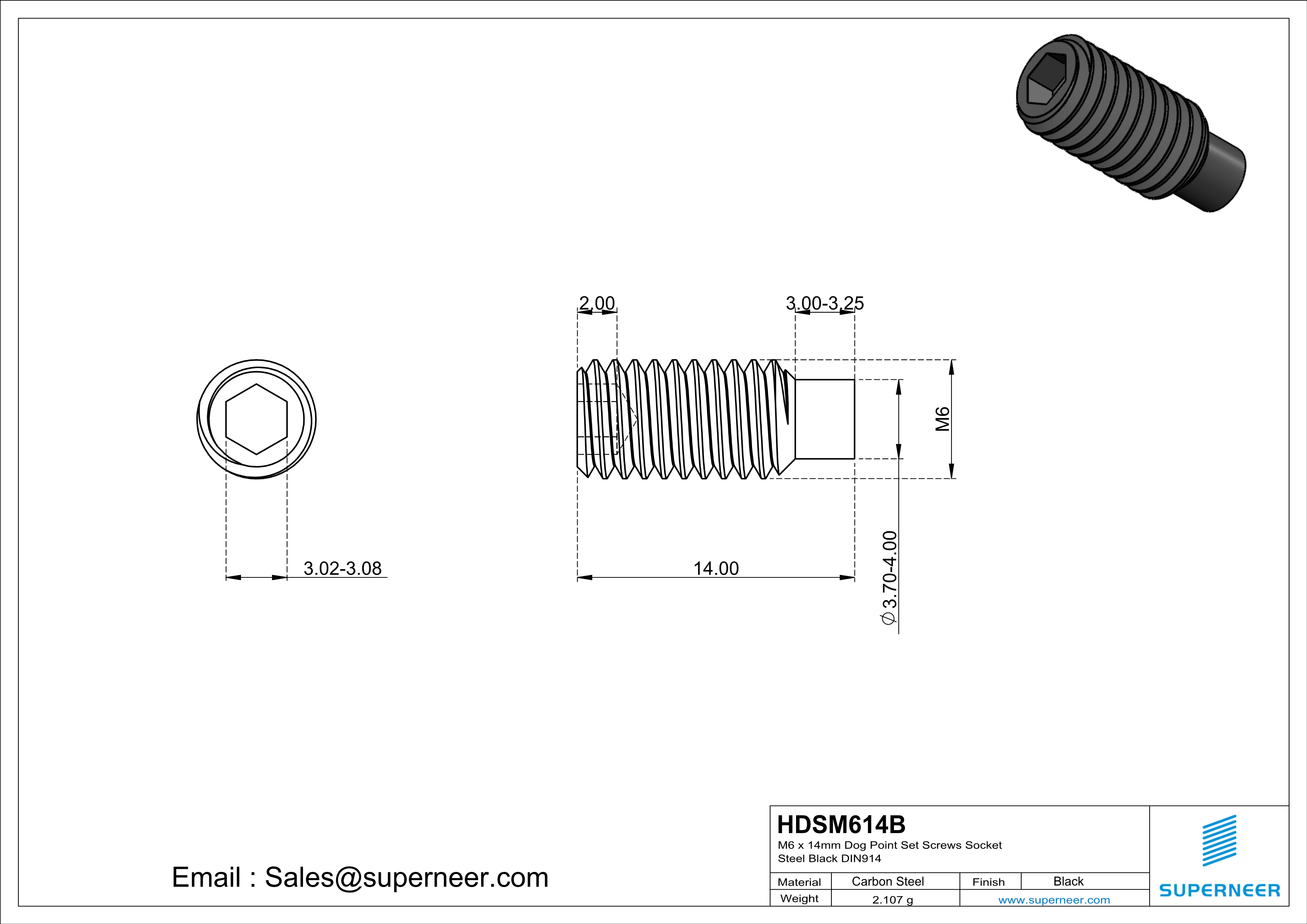 M6 x 14mm Dog Point Set Screws Socket Steel Black DIN915